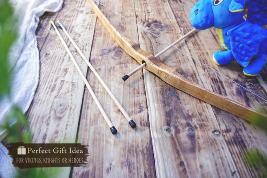 Handmade Wooden Large Bow with Arrows: Medieval Outdor Play - Personalized Gift