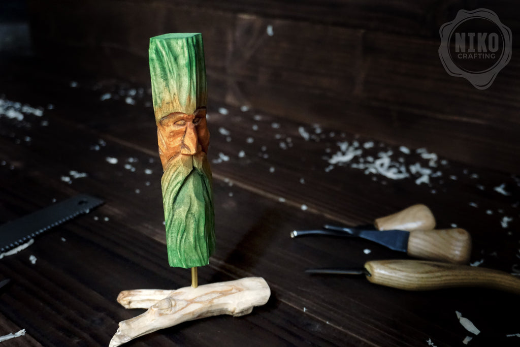 Hand Carved Wood Spirit - Whittled Standing Figurine. Personalised Green Man.