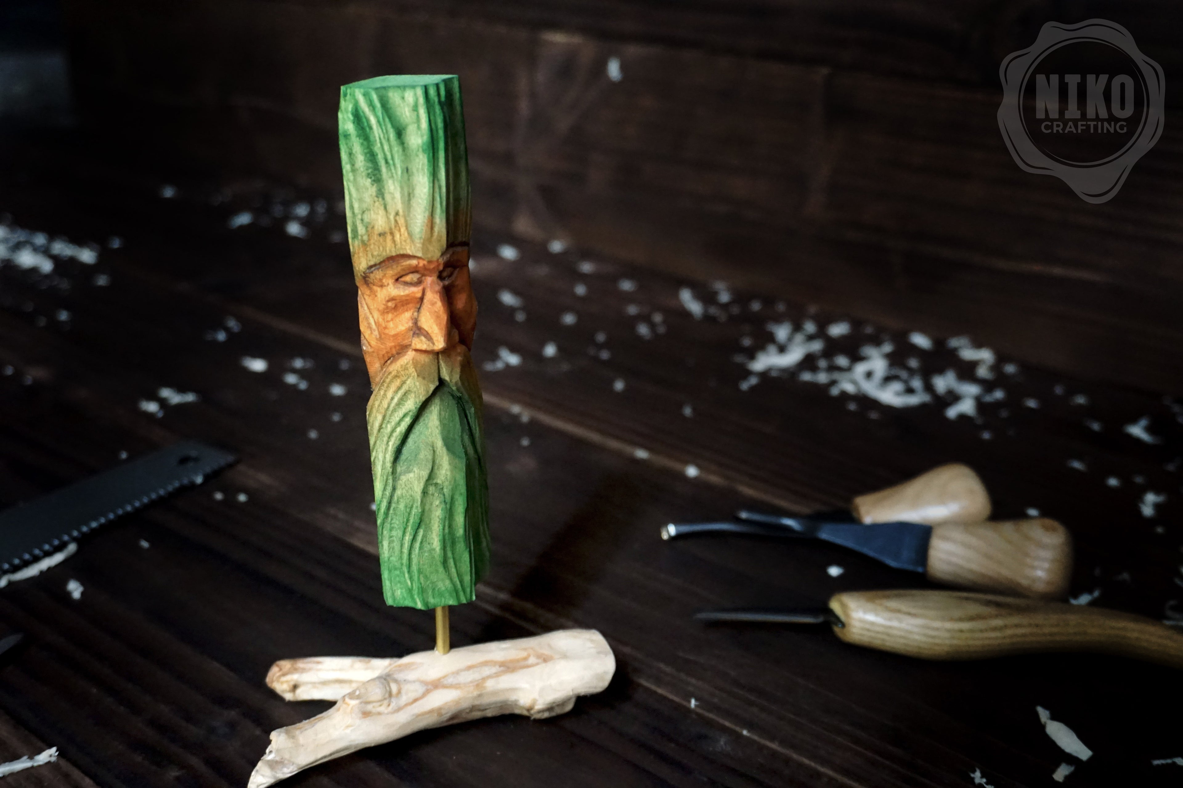 Hand Carved Wood Spirit - Whittled Standing Figurine. Personalised Green Man.