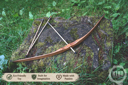 Handmade Wooden Large Bow with Arrows: Medieval Outdor Play - Personalized Gift