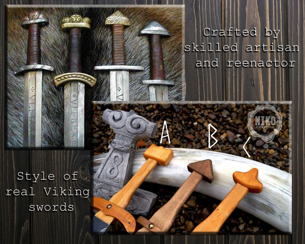 Wooden Viking Toy Sword with Leather Scabbard – Handmade, Personalised Toy - C