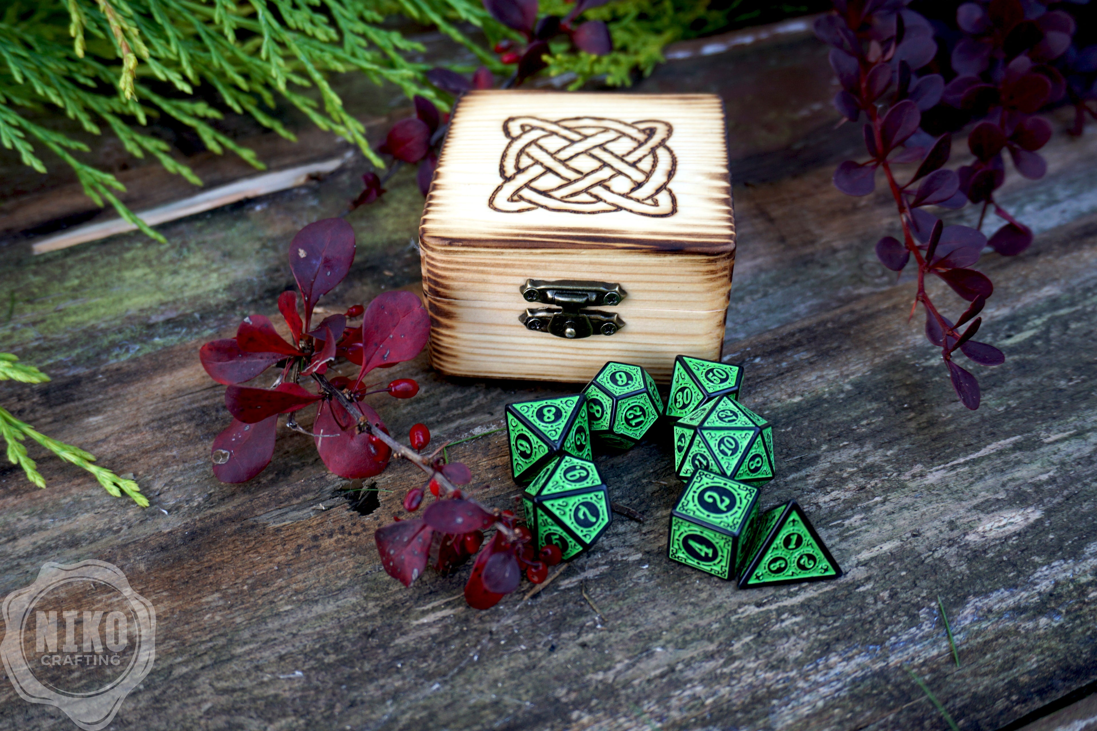 Personalised DnD Dice Set with Pyrography Wooden Box -  Viking Knot Design
