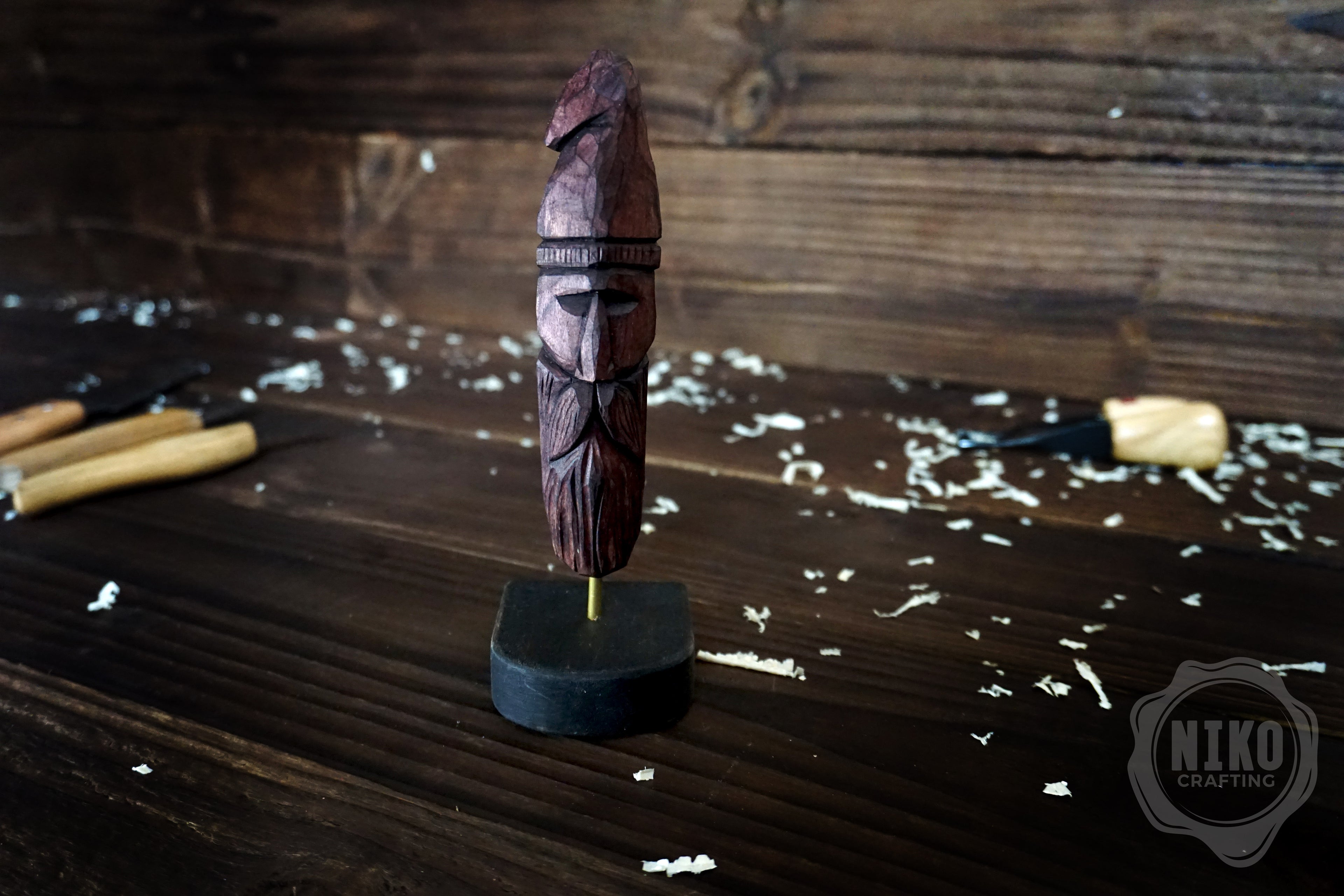 Hand-Carved Bearded Viking- Whittled Standing Figurine. Personalised Purple Viking in Hat