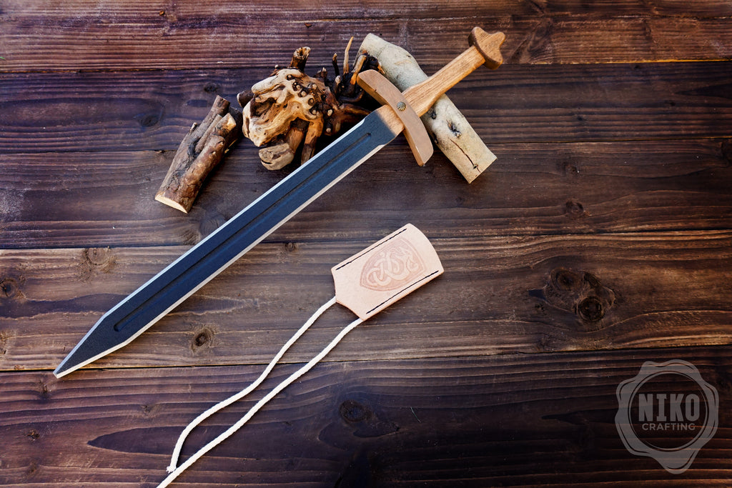 Wooden Viking Toy Sword with Leather Scabbard – Handmade, Personalised Toy - C