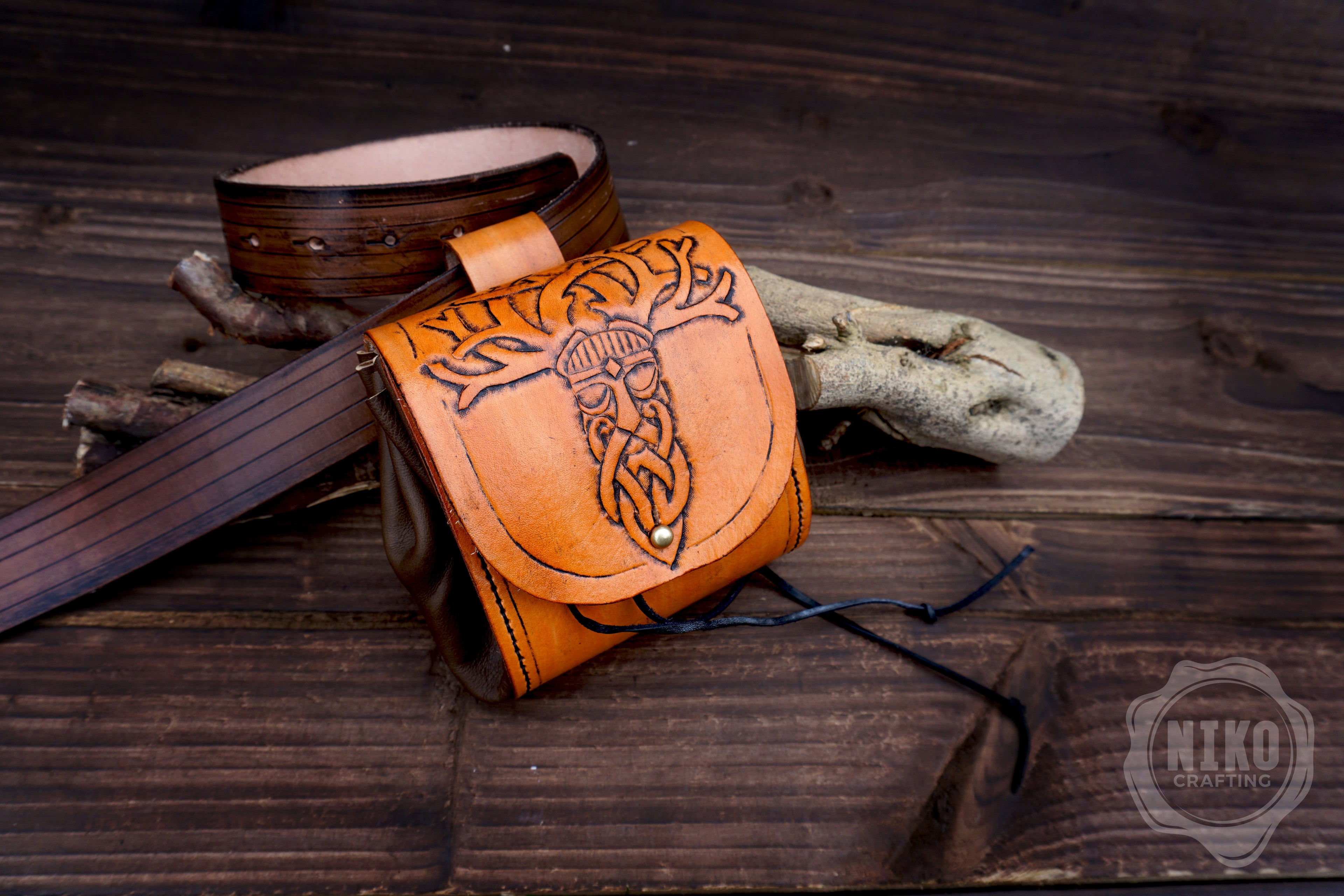 Handmade Viking Leather Pouch: Veles Embossing - Medieval, Pagan Hip-bag