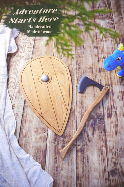 Wooden Viking Axe and Almond Shield - Handmade Personalised Toy