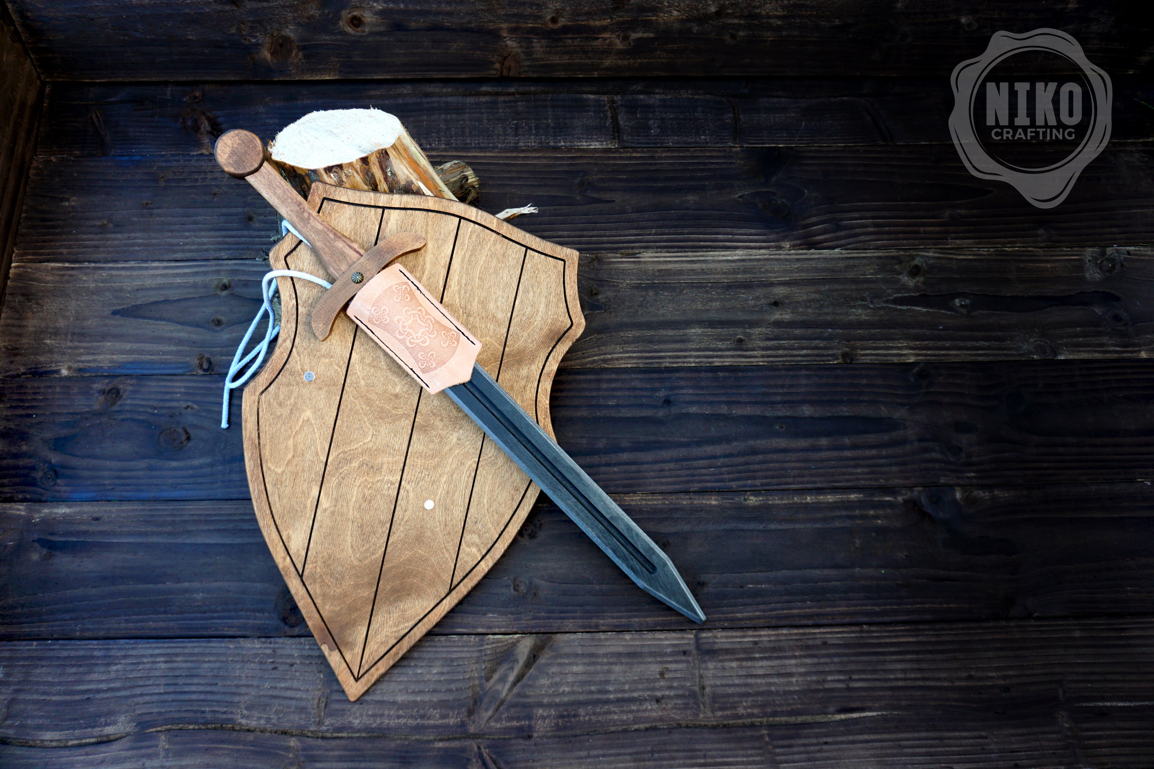 Wooden Toy Sword with Knight Shield and Scabbard - Personalised, handmade gift