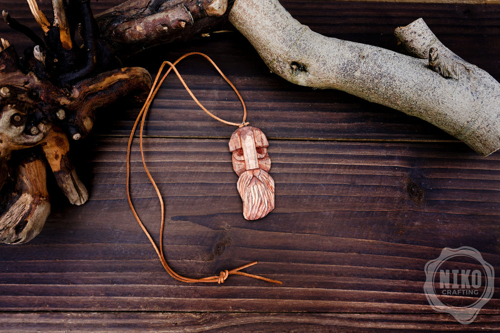 Hand-Carved Viking Pendant - Norse Jewellery. Wooden Necklace on Leather Cord - Personalized whittling gift.