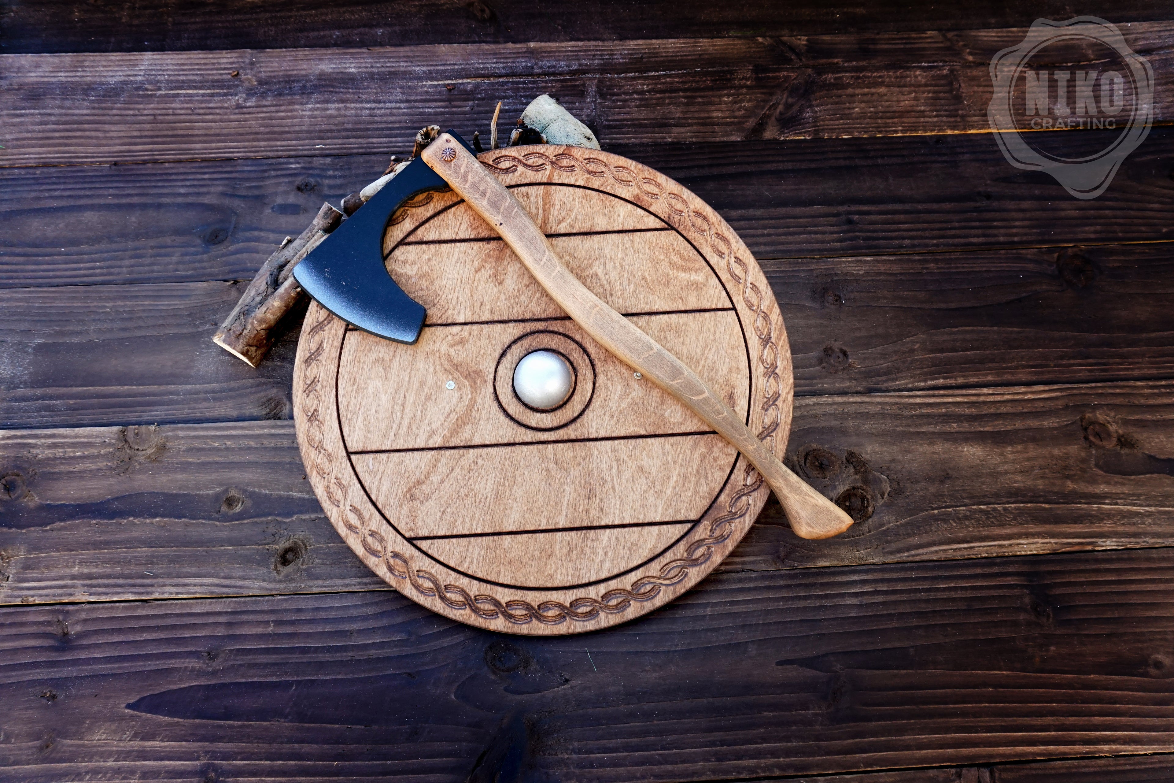 Wooden Viking Axe and Round Shield - Handmade Personalised Toy