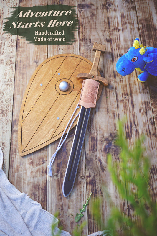 Wooden Viking Sword and Almond Shield - Handmade Personalised Toy - A