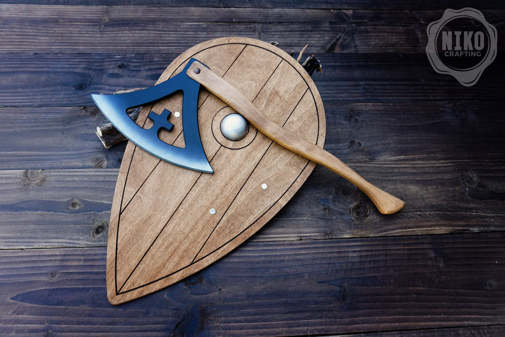 Wooden Viking Axe and Almond Shield - Gotland - Handmade Personalised Toy