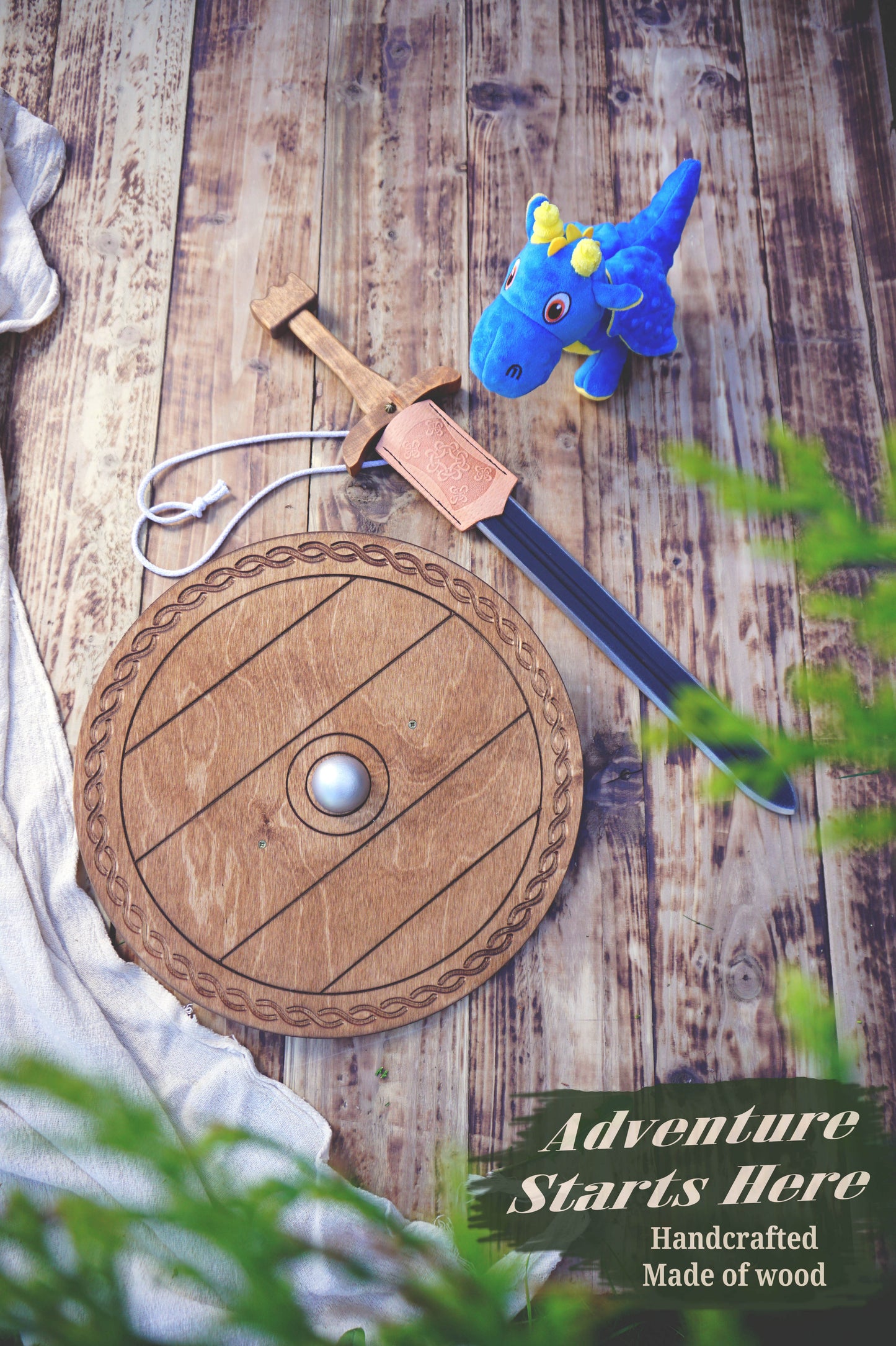Wooden Toy Viking Sword and Round Shield Set: Handmade Personalised Gift - A
