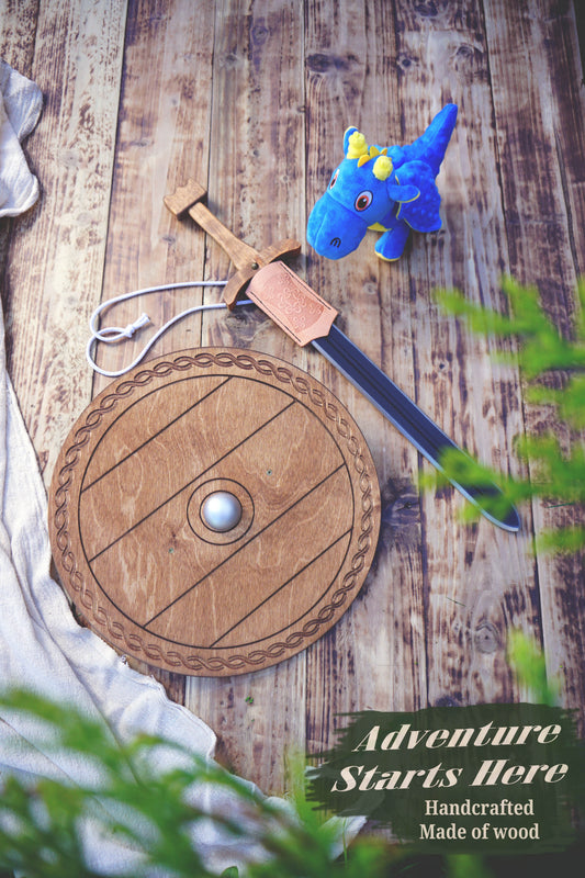 Wooden Toy Viking Sword and Round Shield Set: Handmade Personalised Gift - A