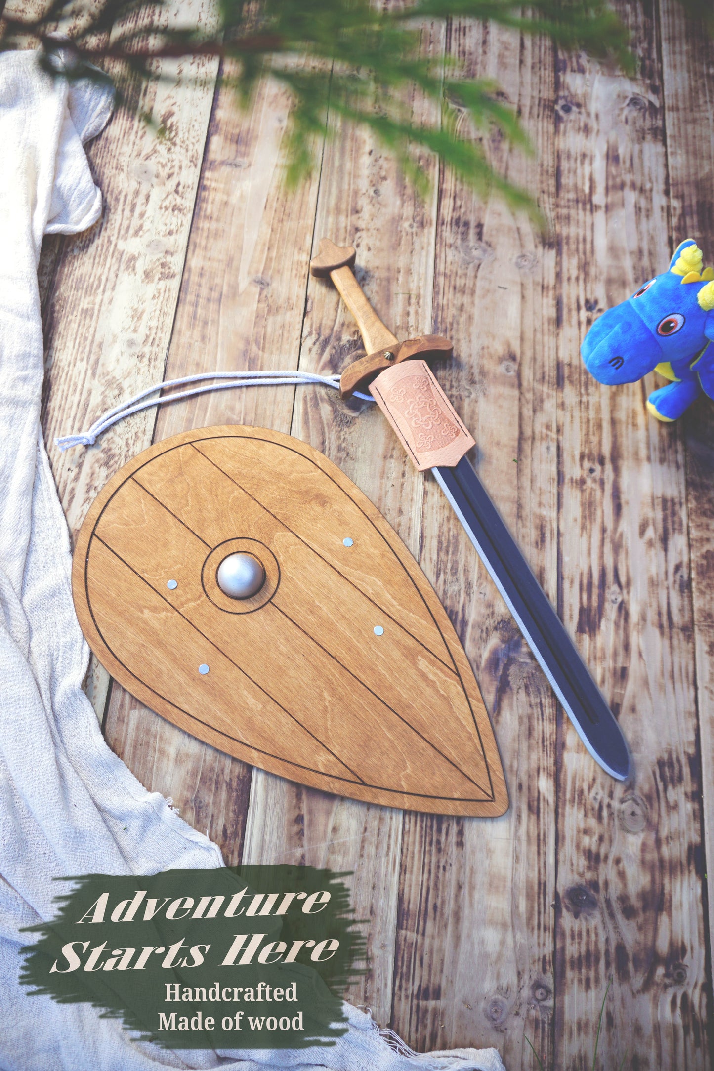 Wooden Viking Sword and Almond Shield - Handmade Personalised Toy - C
