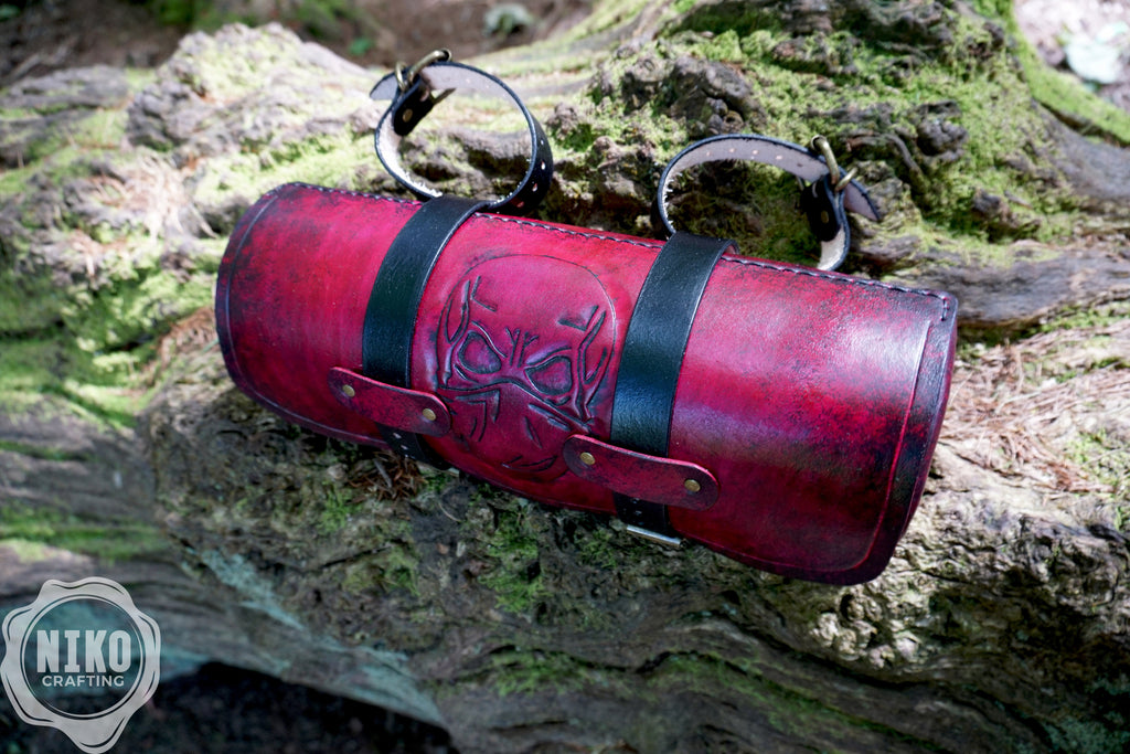 Handmade Leather Motorcycle Tool Roll Bag: Skull Design