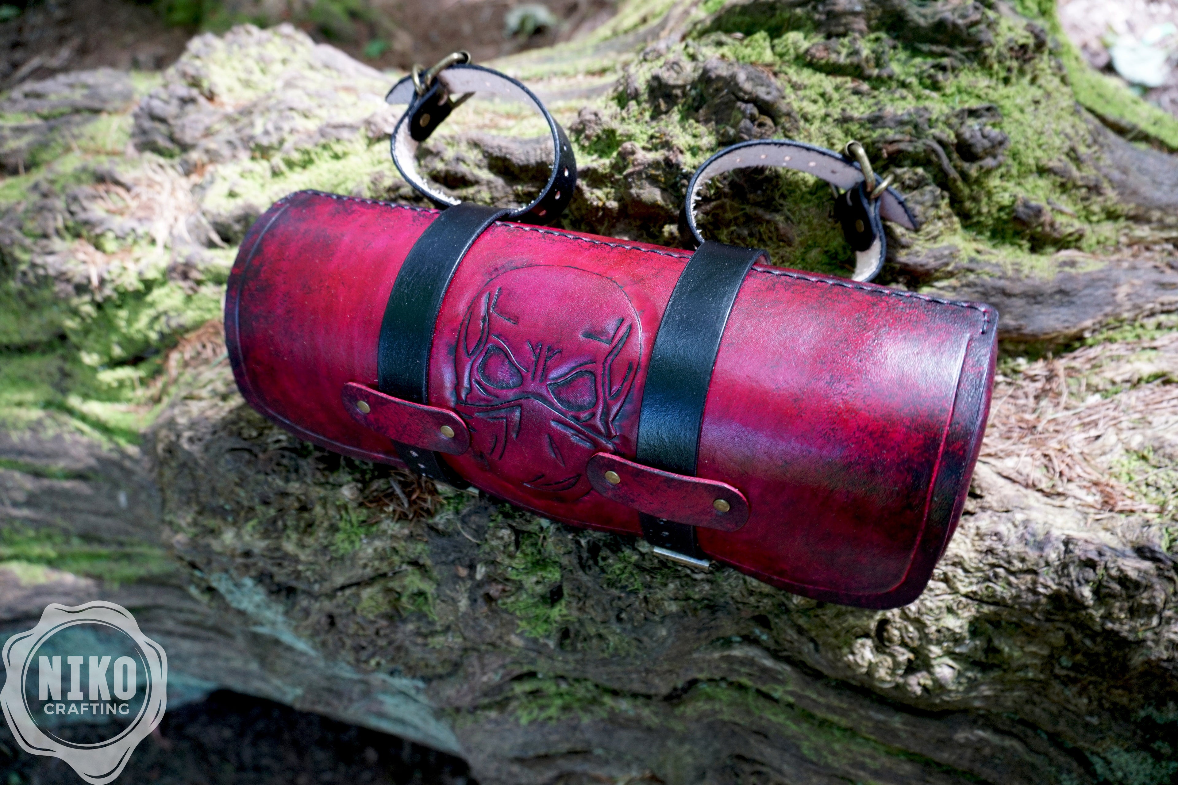 Handmade Leather Motorcycle Tool Roll Bag: Skull Design