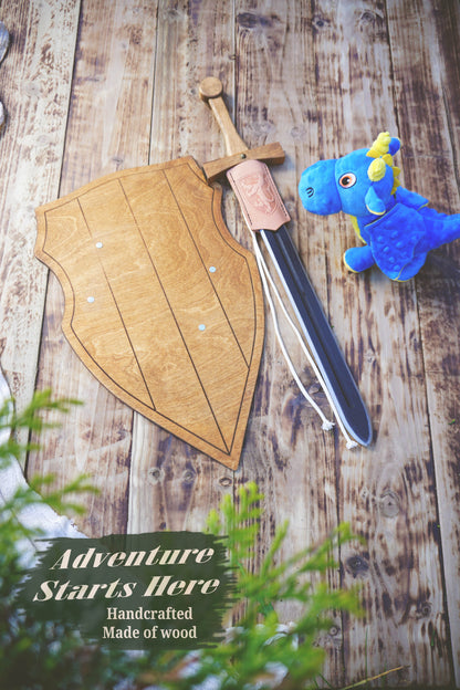 Wooden Toy Sword with Knight Shield and Scabbard - Personalised, handmade gift