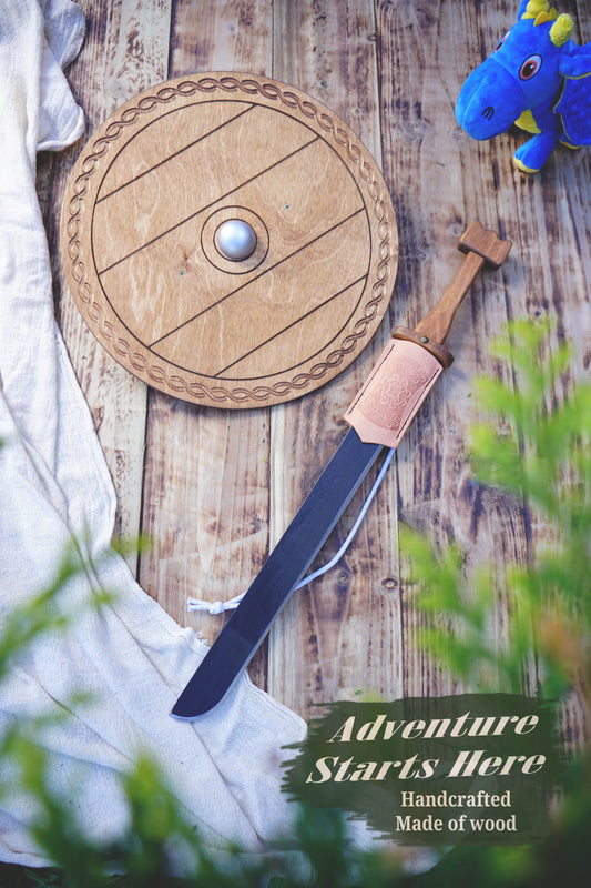 Wooden Viking Sword Langsax and Round Shield Set: Handmade Personalised Toy with Scabbard