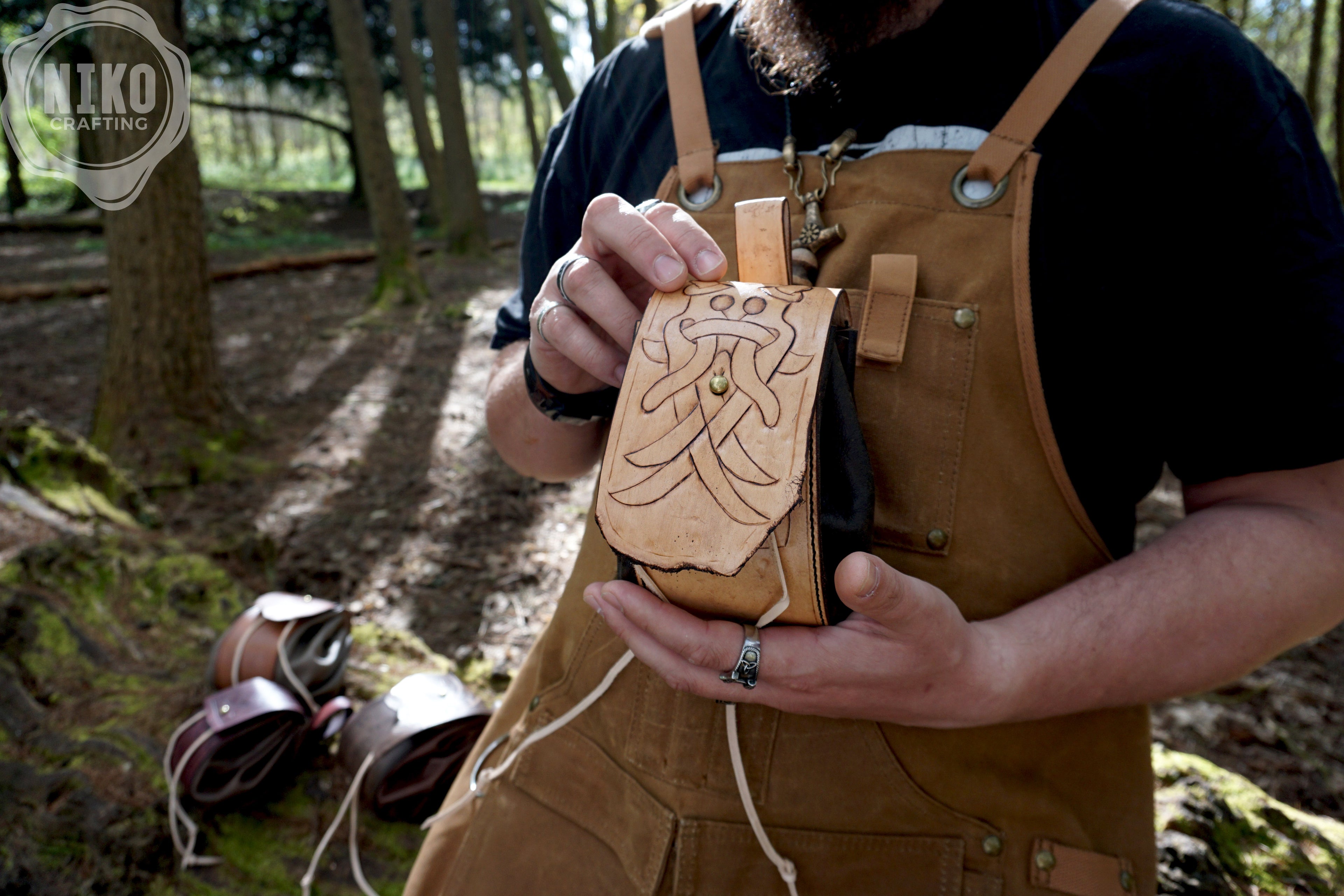 Handmade leather Viking Belt Pouch with "Aarhus Stone" Embossing - Medieval Hip-bag