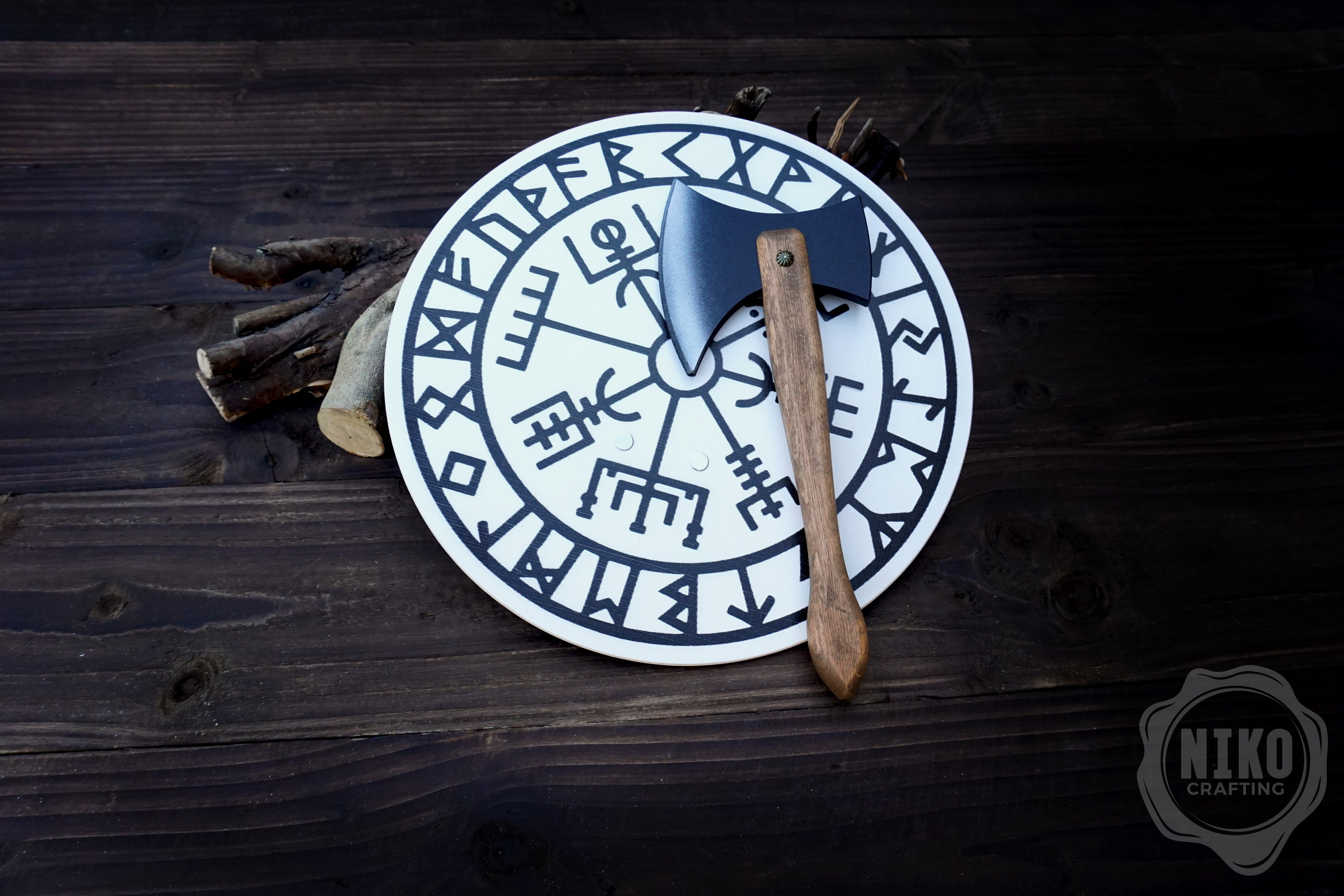 Wooden Small Toy Axe and Vegvisir Shield - Handmade, Personalised gift