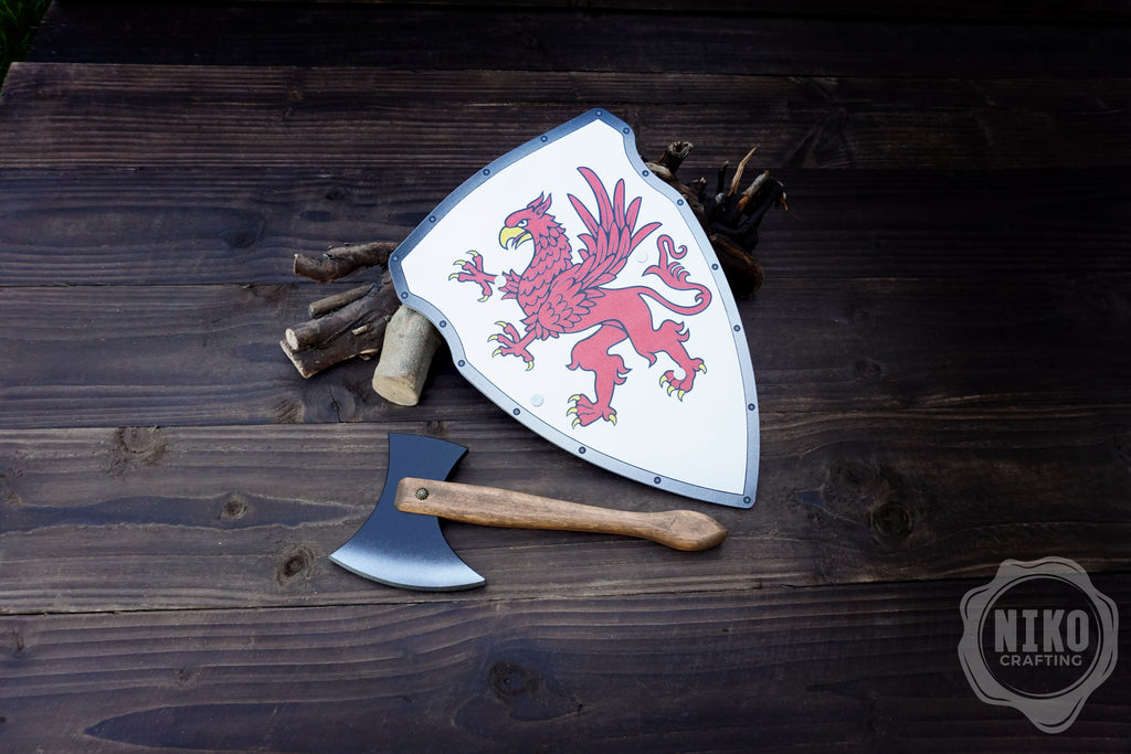 Wooden Small Toy Axe and Gryffin Shield - Handmade, Personalised gift