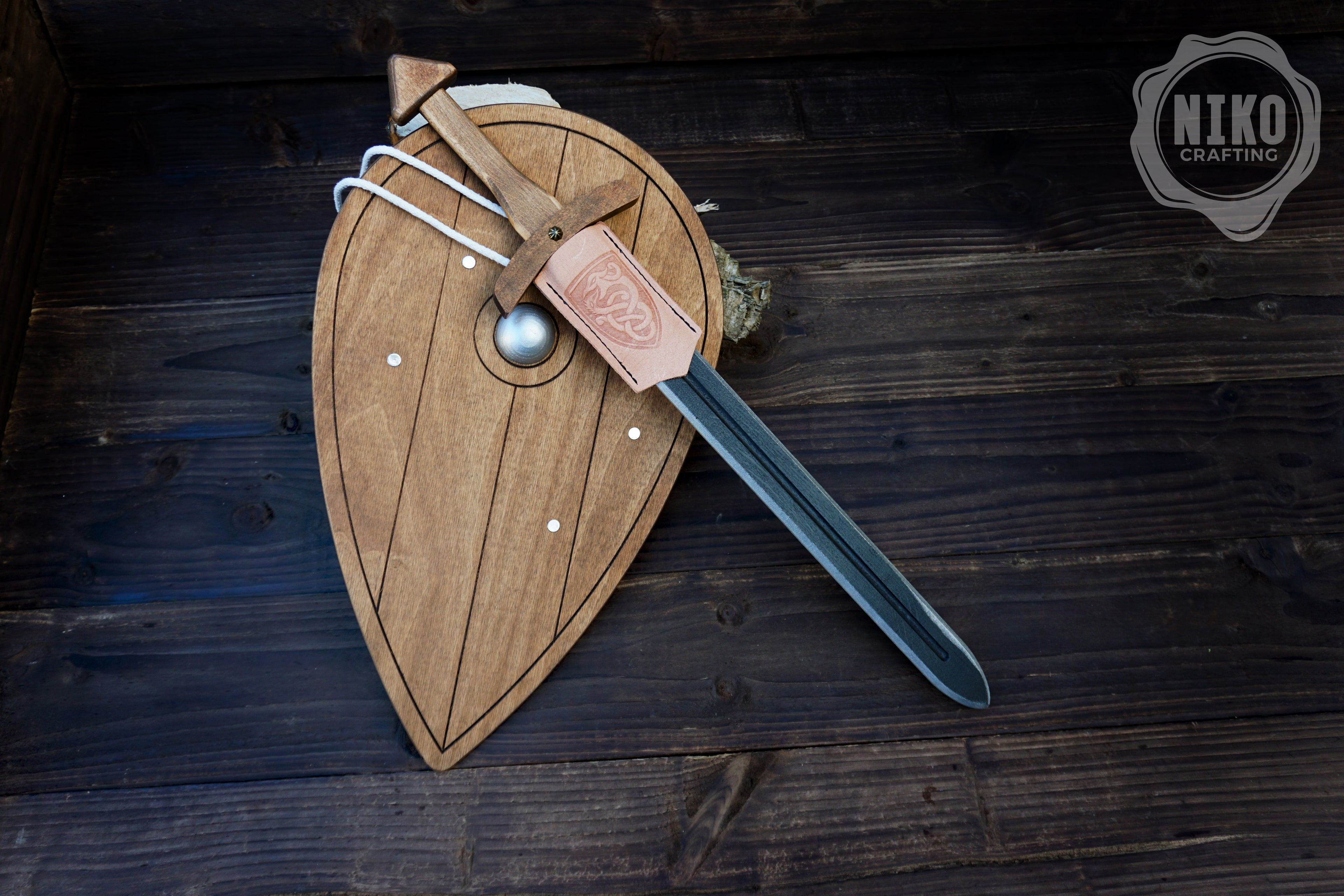 Wooden Viking Sword and Almond Shield - Handmade Personalised Toy - B