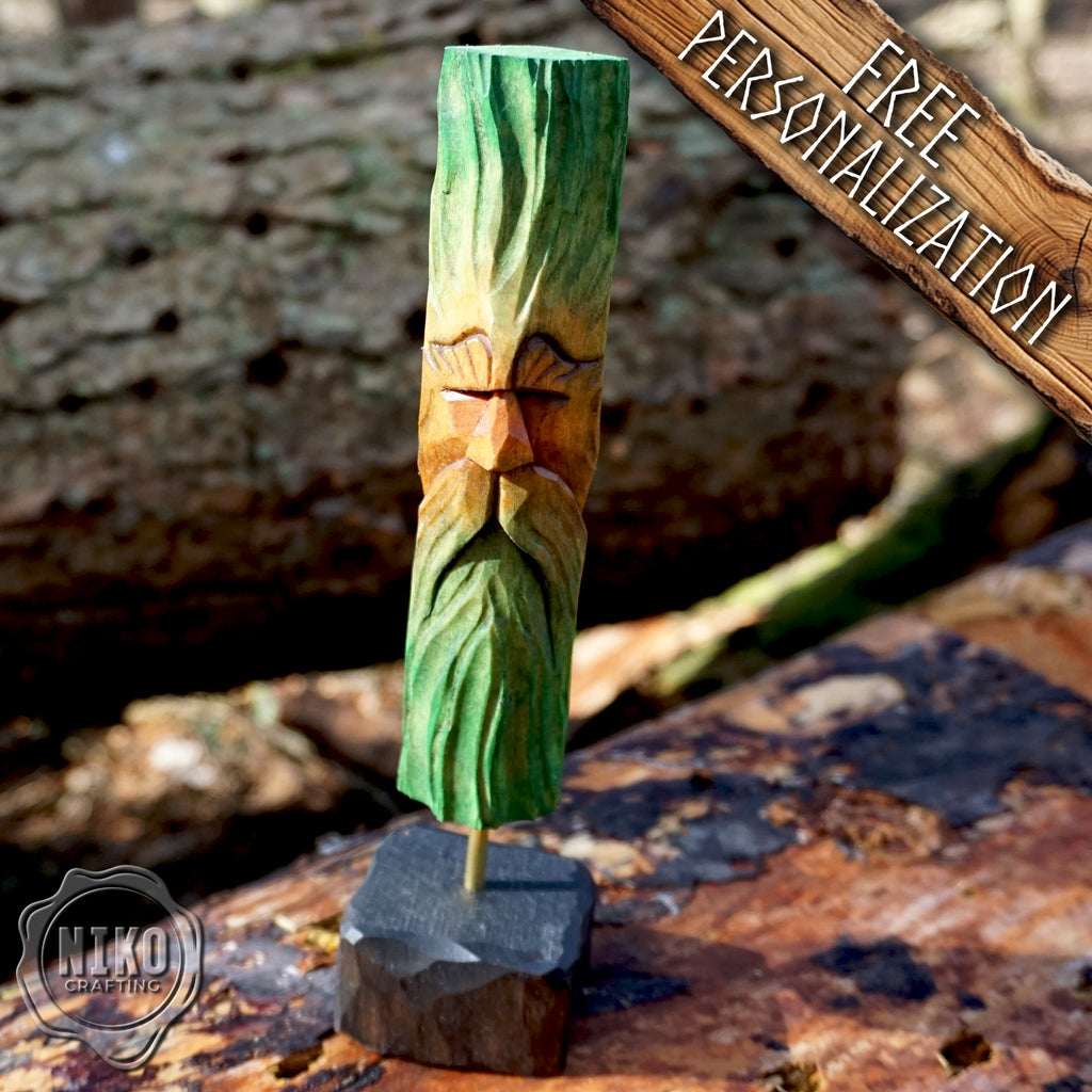 Hand Carved Green Man - Whittled Standing Figurine. Personalised Wood Spirit with stand.