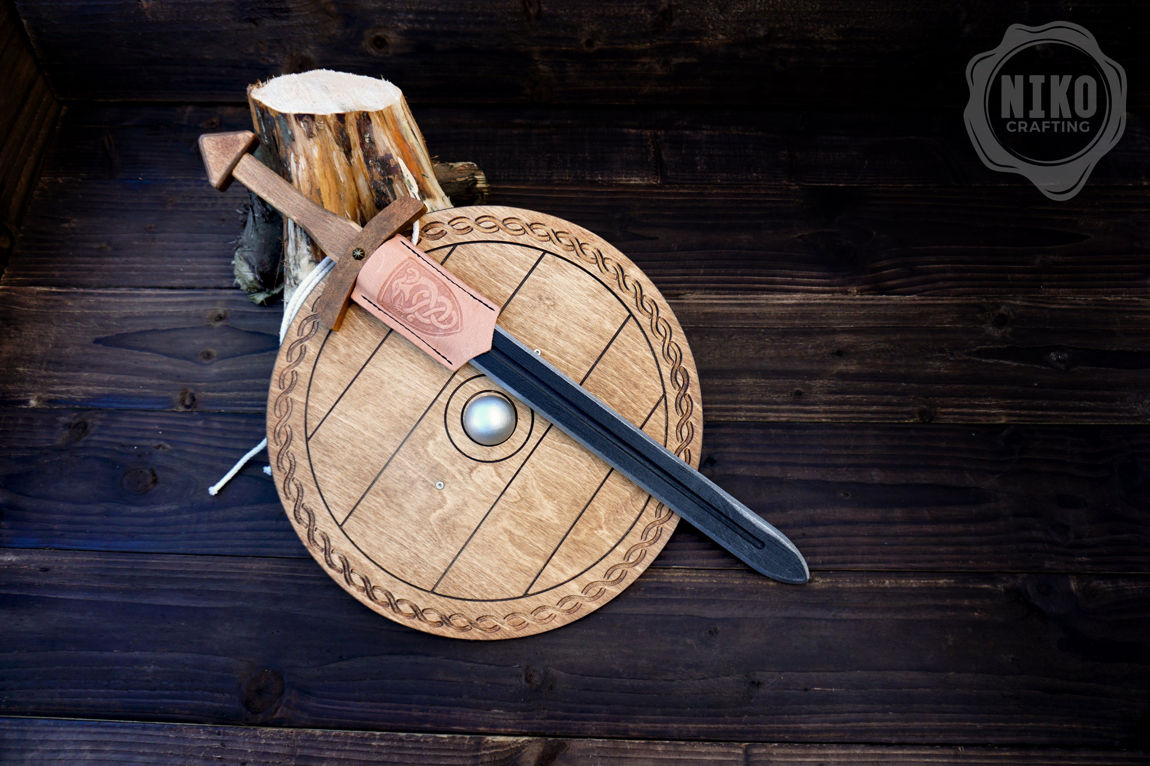 Wooden Toy Viking Sword and Round Shield Set: Handmade Personalised Gift - B