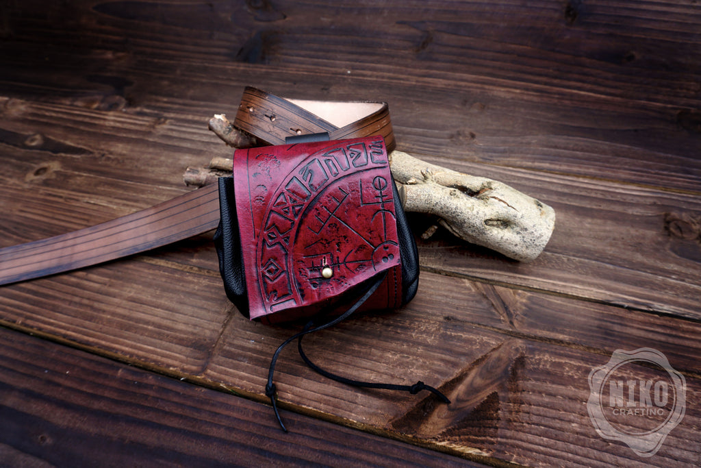Handmade Viking Leather Belt Pouch: Vegvisir Embossing - Medieval, Pagan Hip-bag