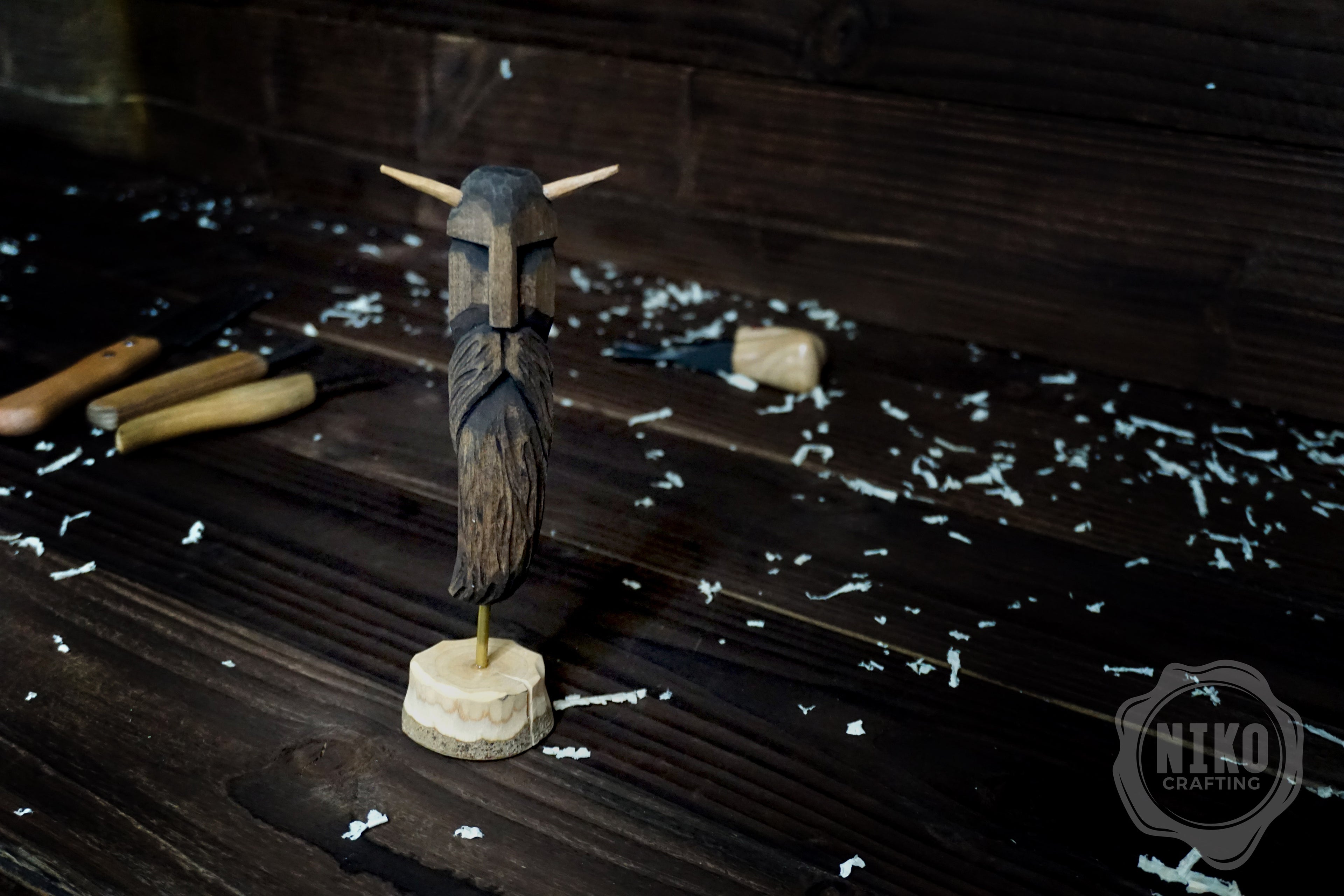 Hand-Carved Bearded Viking in Helmet with Horns - Whittled Standing Figurine. Personalised Gift