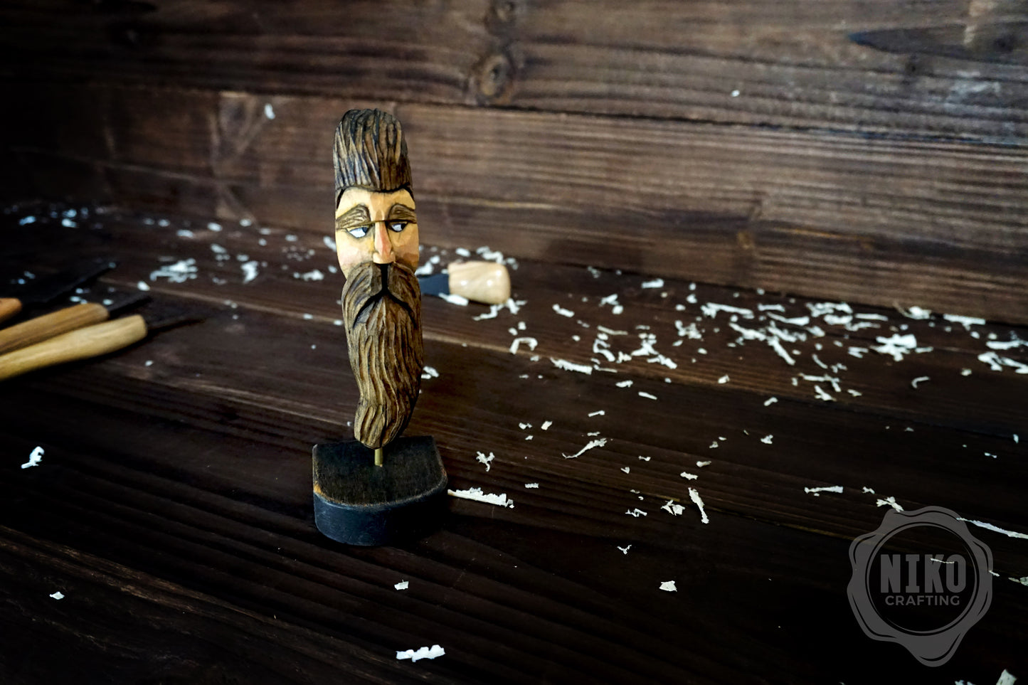 Hand-Carved Bearded Viking- Whittled Standing Figurine. Personalised Bearded man