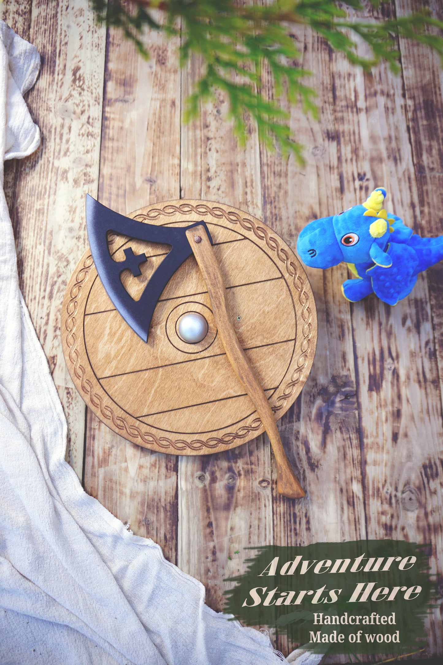 Wooden Viking Axe and Round Shield - Gotland - Handmade Personalised Toy