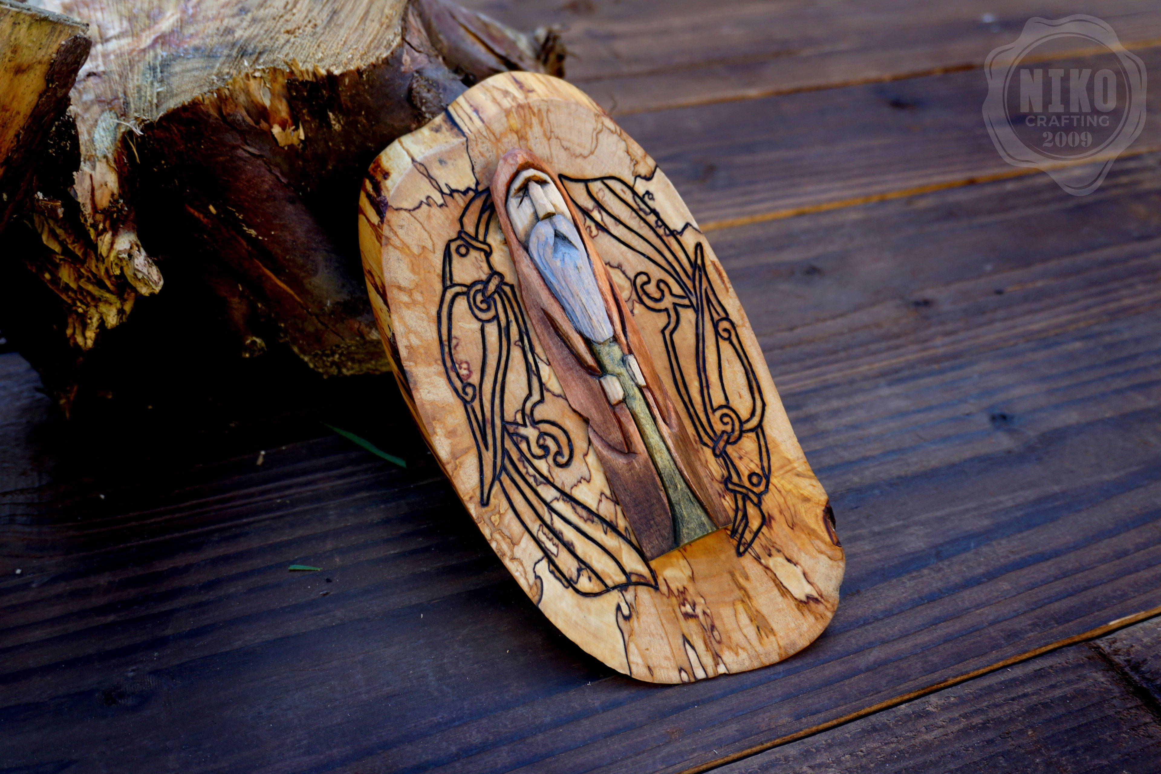 Hand Carved Odin Wall Art with Ravens – Lime Wood & Silver Birch – Viking Norse Wooden Decor – Handmade Rustic Ornament