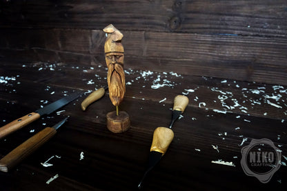 Hand-Carved Bearded Viking- Whittled Standing Figurine. Personalised Viking in Hat