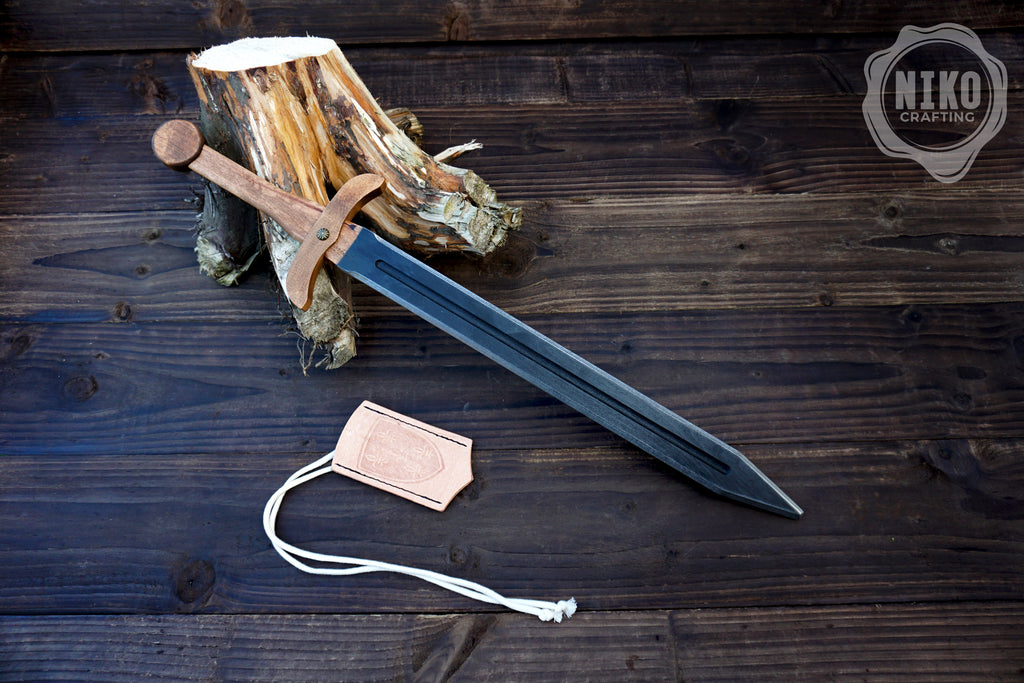 Wooden Medieval Toy Sword with Leather Scabbard – Personalised Handmade Toy