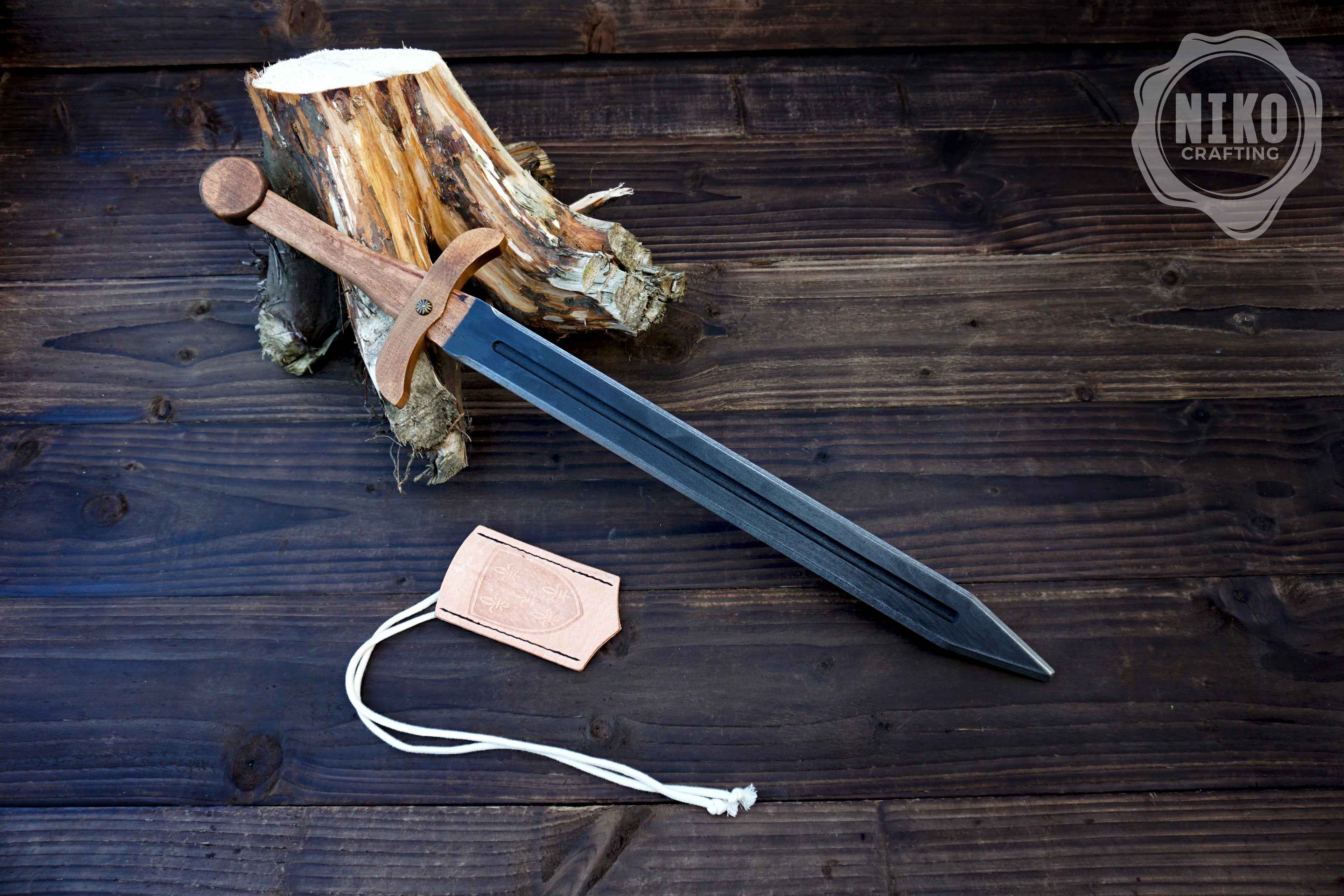 Wooden Medieval Toy Sword with Leather Scabbard – Personalised Handmade Toy
