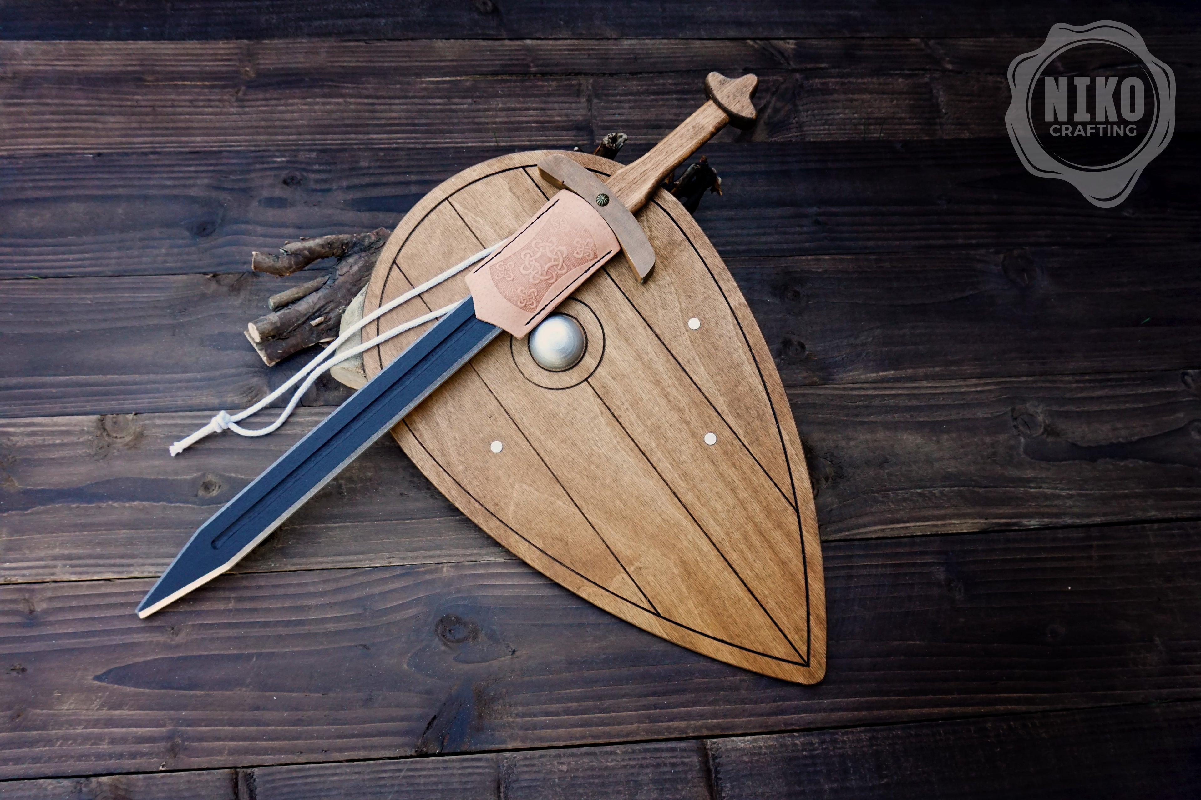 Wooden Viking Sword and Almond Shield - Handmade Personalised Toy - C