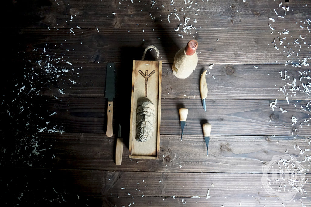 Handmade Wooden Wine Box - Carved Viking on Sliding Lid. Personalized Chest with Handle & Pyrography Rune of Protection