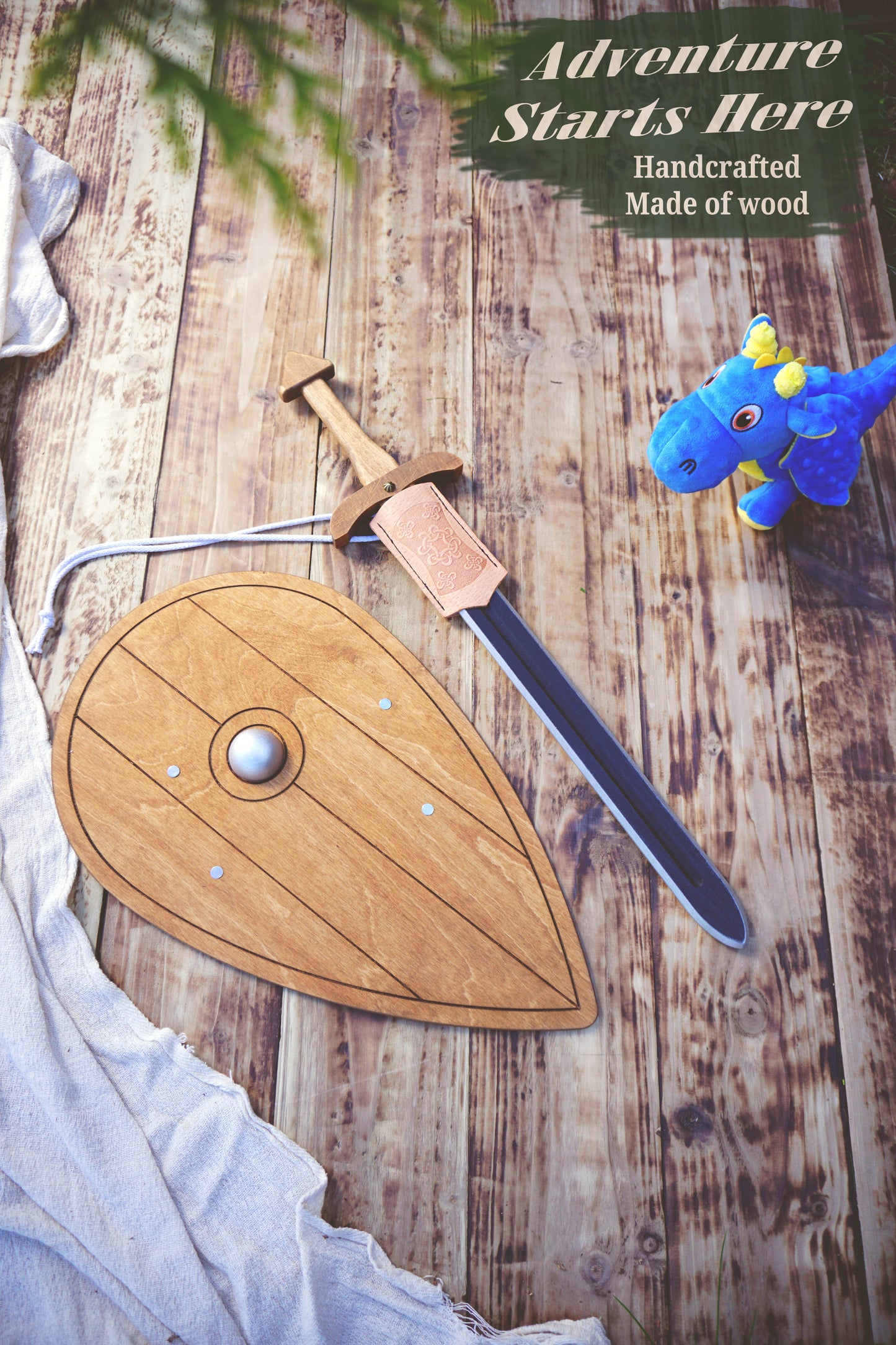 Wooden Viking Sword and Almond Shield - Handmade Personalised Toy - B