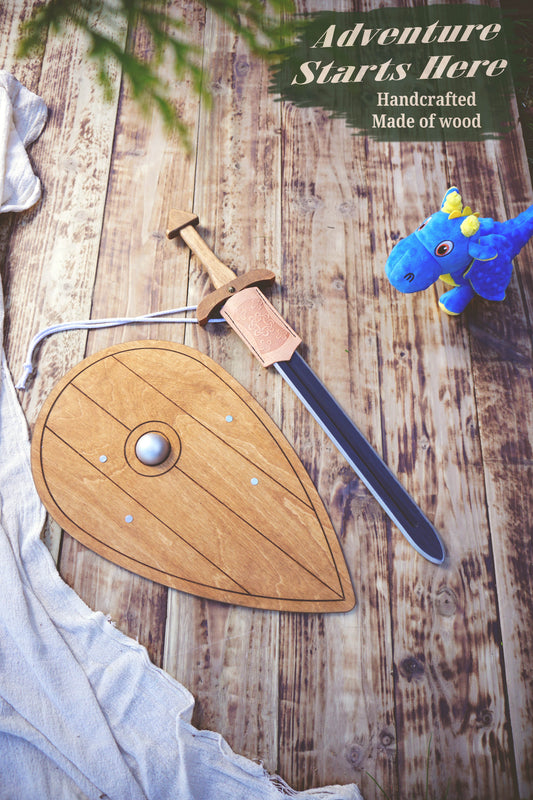Wooden Viking Sword and Almond Shield - Handmade Personalised Toy - B