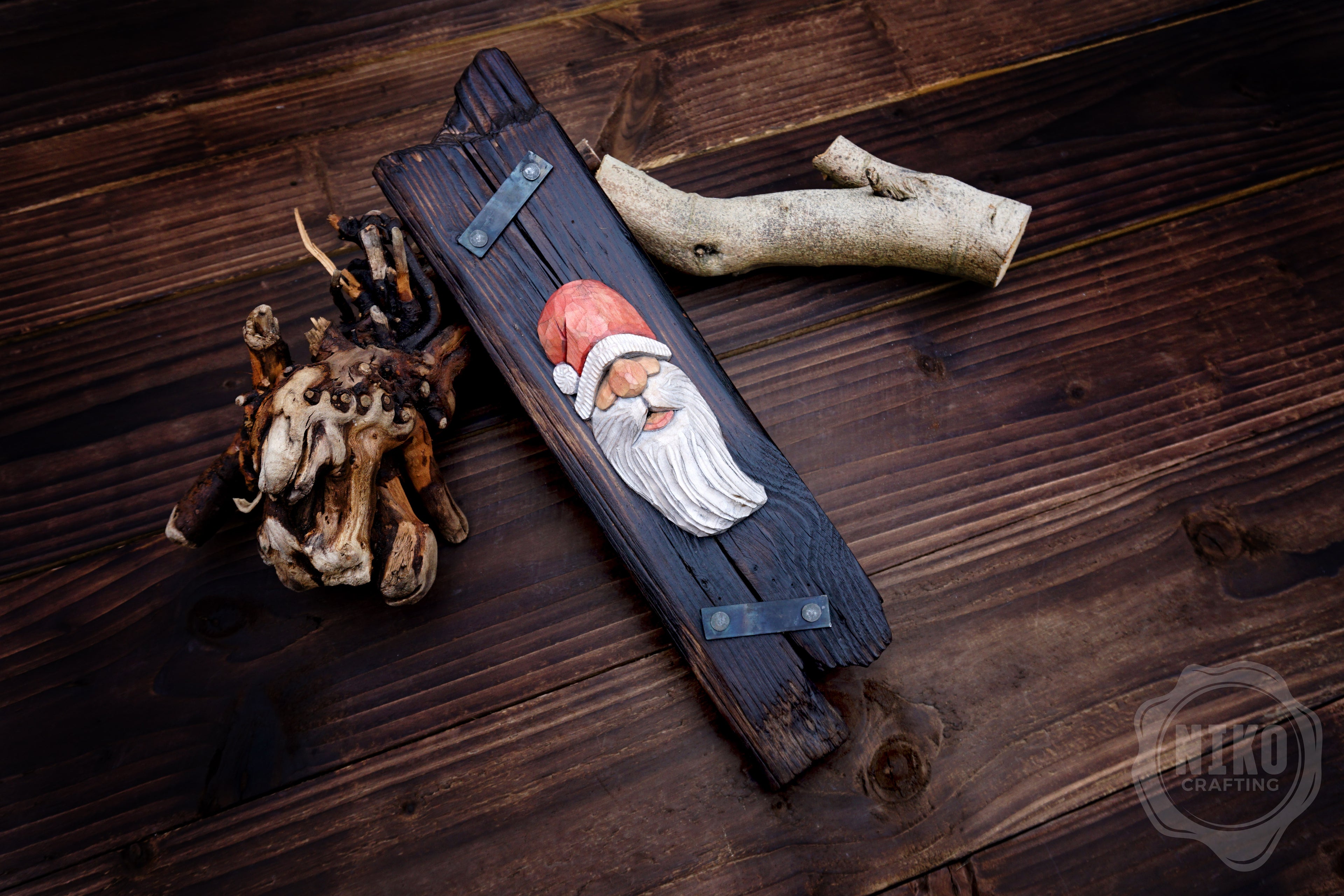 Hand-Carved Santa Claus Wall Art- Rustic Christmas Decoration. Personalised gift- B