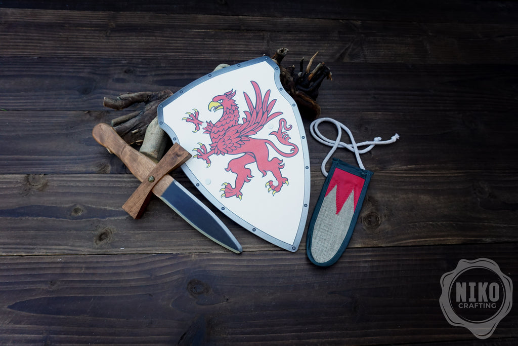 Wooden Small Toy Sword and Gryffin Shield - Handmade, Personalised gift