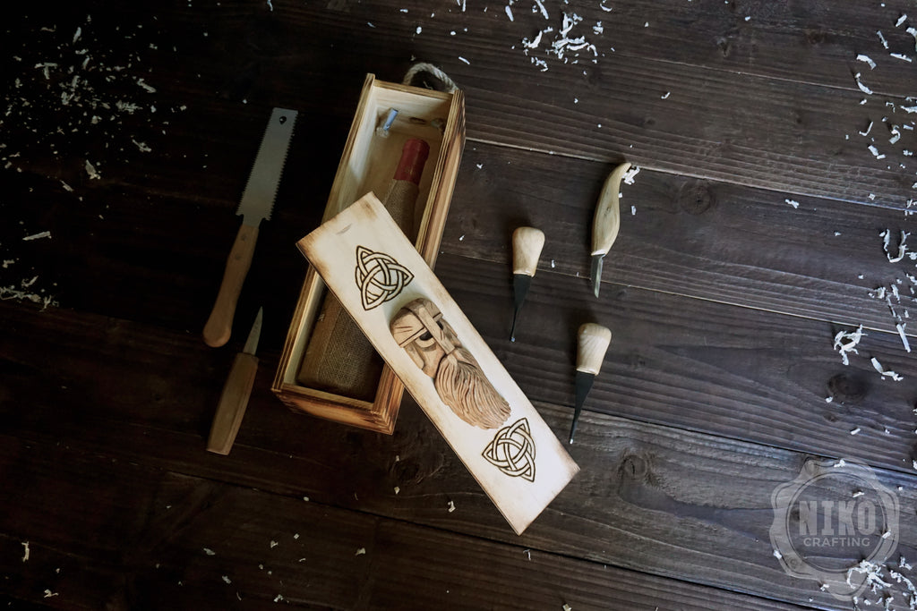 Handmade Wooden Wine Box - Carved Viking Warrior on Sliding Lid. Personalized Gift - Chest with Rope Handle & Pyrography