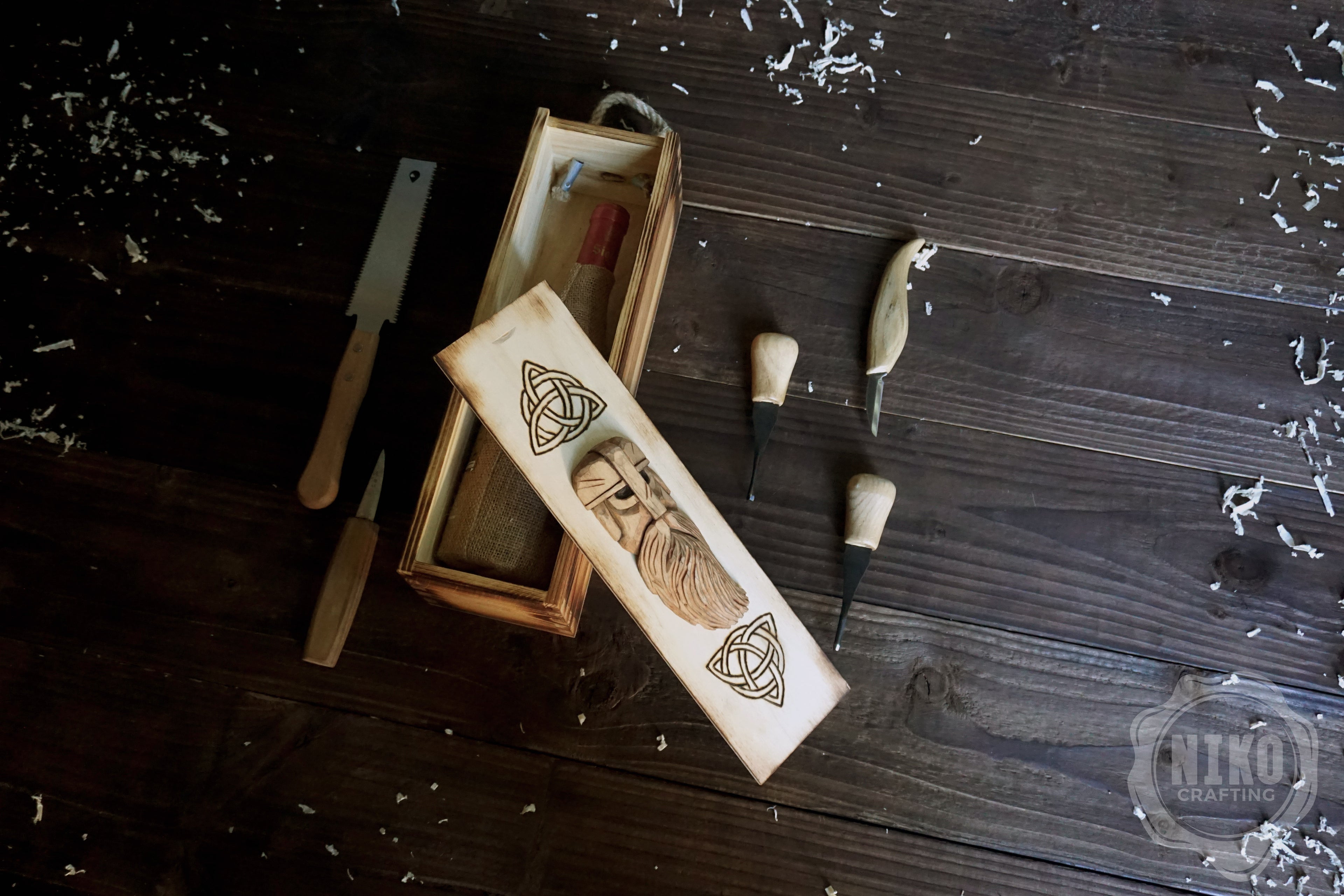 Handmade Wooden Wine Box - Carved Viking Warrior on Sliding Lid. Personalized Gift - Chest with Rope Handle & Pyrography
