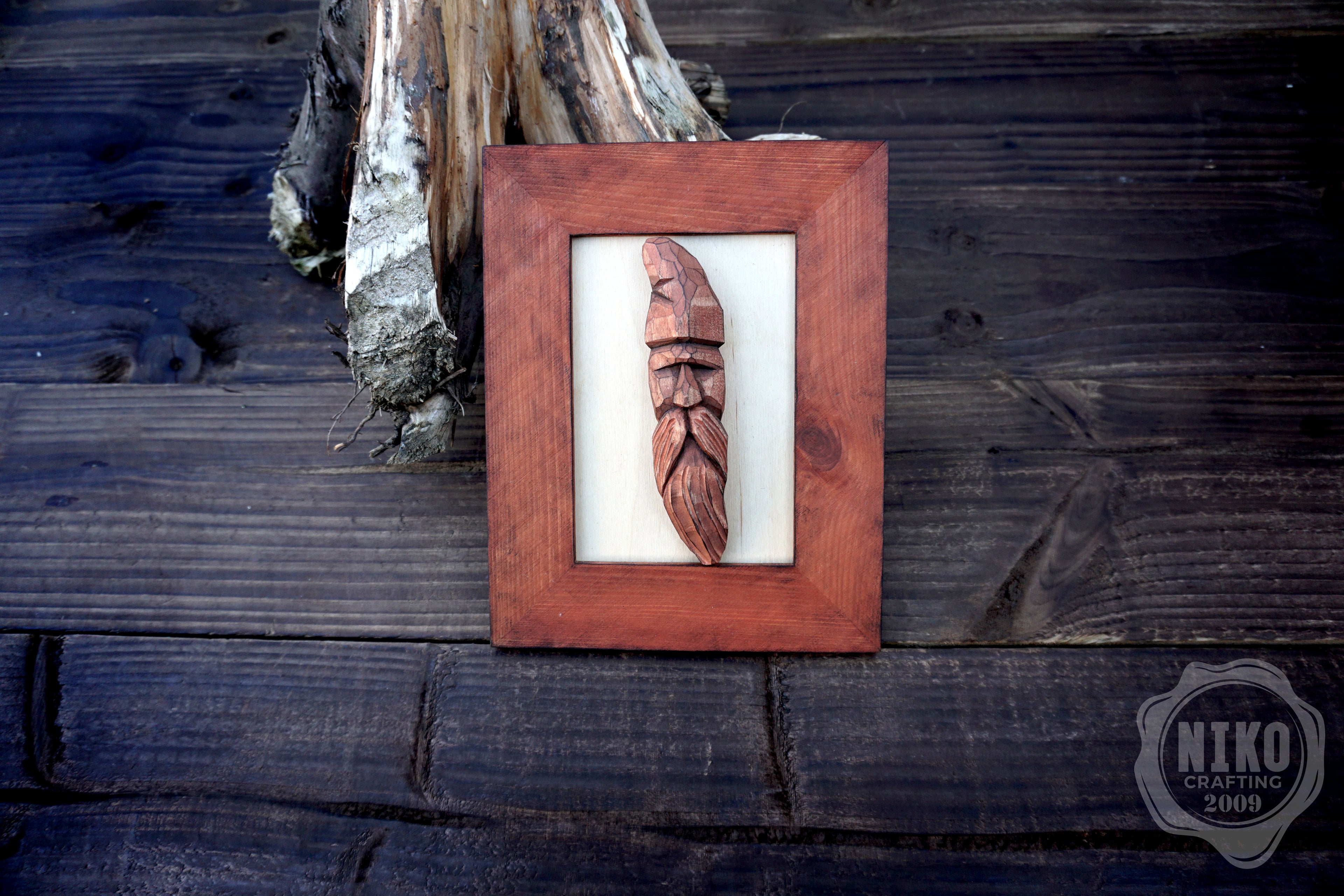 Hand Carved Viking in Frame - Personalized Rustic Home Decoration – Handmade Wal Art - Red/Brown