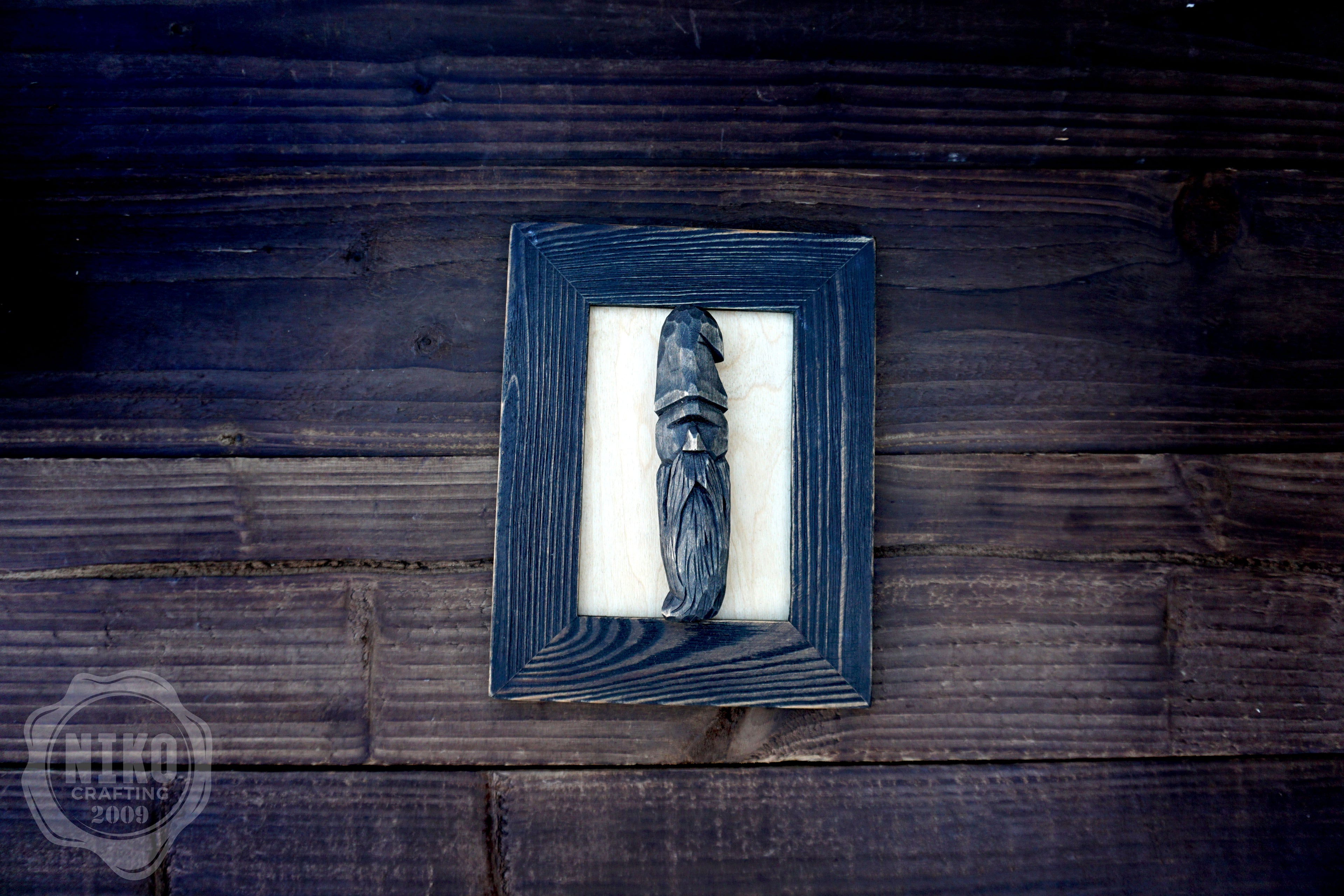 Hand - Carved Viking in Frame - Personalized Rustic Home Decoration – Handmade Wal Art - Black