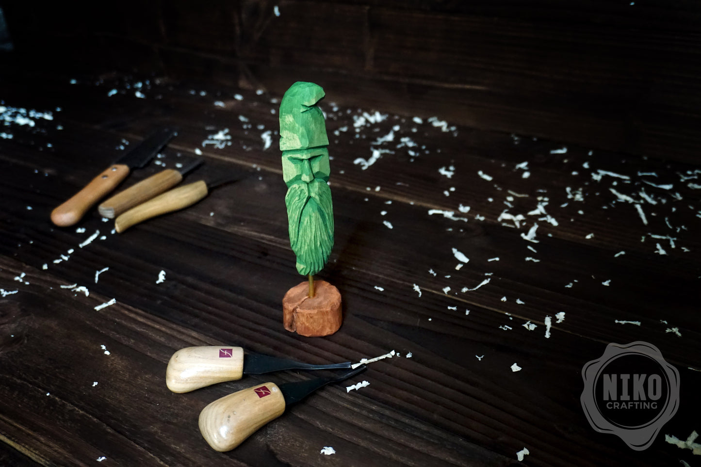 Hand-Carved Bearded Viking- Whittled Standing Figurine. Personalised Green Viking in Hat