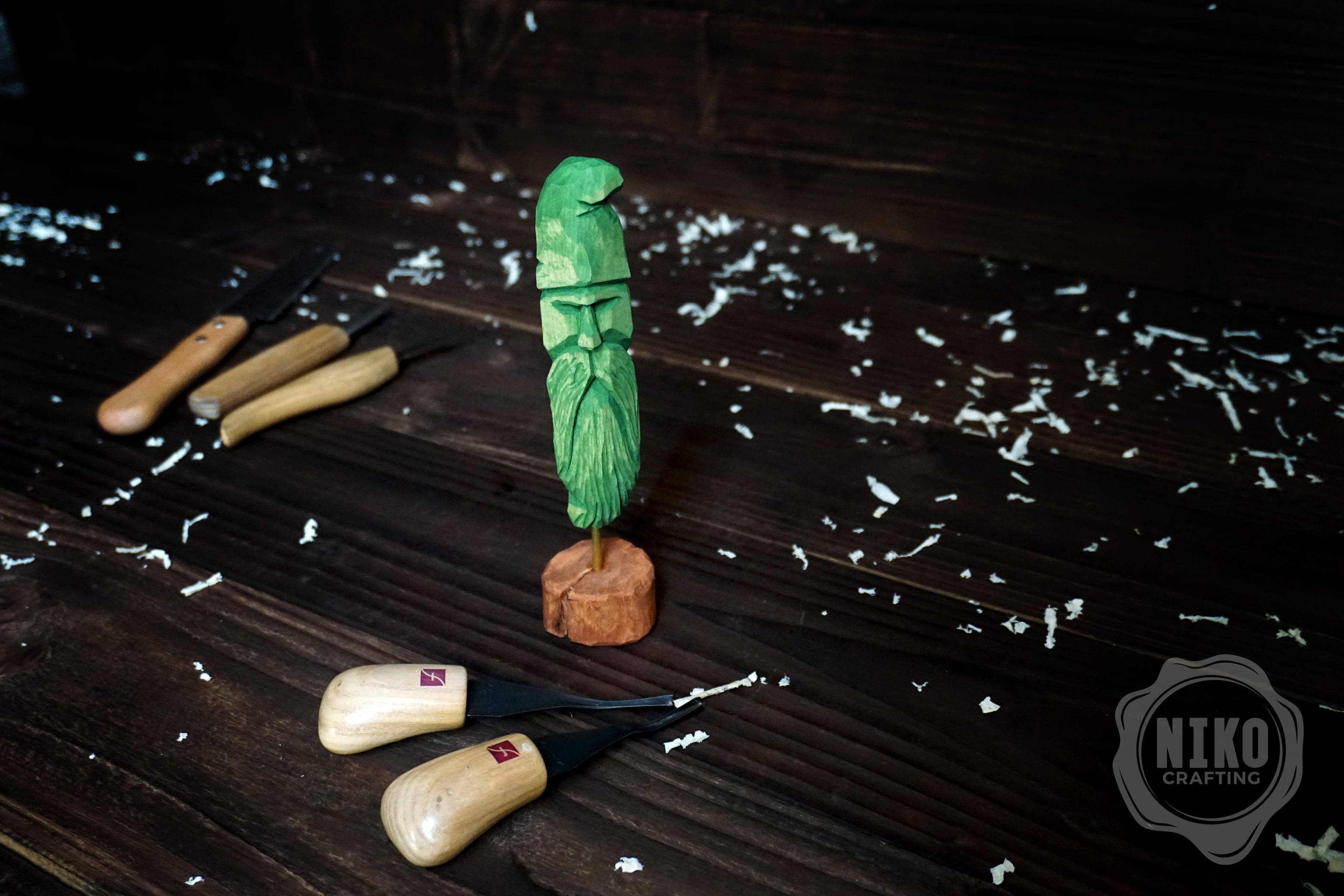 Hand-Carved Bearded Viking- Whittled Standing Figurine. Personalised Green Viking in Hat