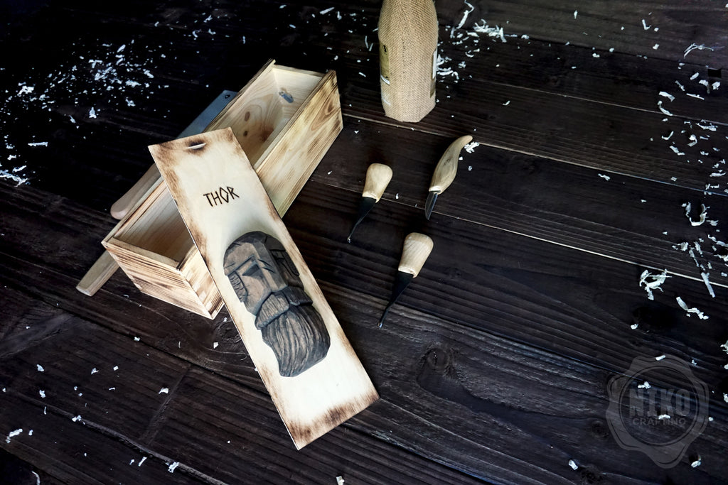 Handmade Wooden Wine Box - Carved Thor on Sliding Lid. Personalized Viking Gift - Chest with Rope Handle & Pyrography