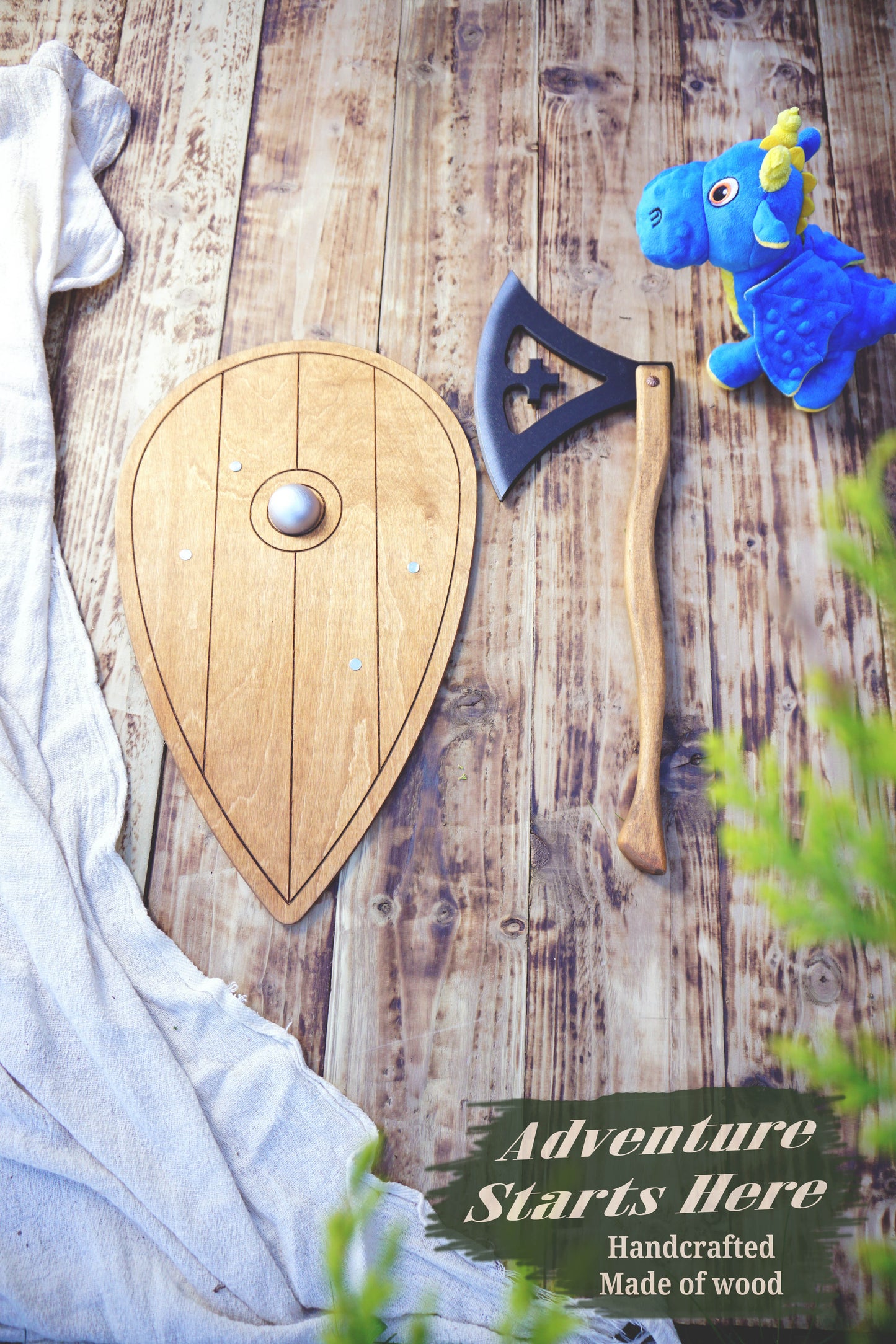 Wooden Viking Axe and Almond Shield - Gotland - Handmade Personalised Toy